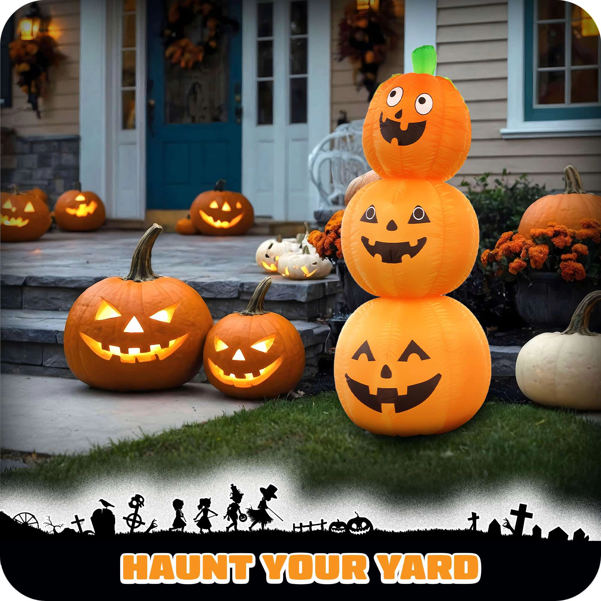 G128 4 ft Stacked Pumpkin Halloween Inflatable with LED Lights - Weather-Resistant Outdoor Yard Decoration