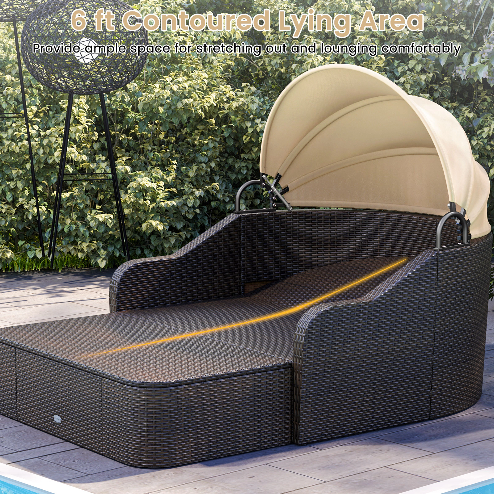LJG Patio PE Rattan Daybed with Retractable Canopy and Soft Cushions