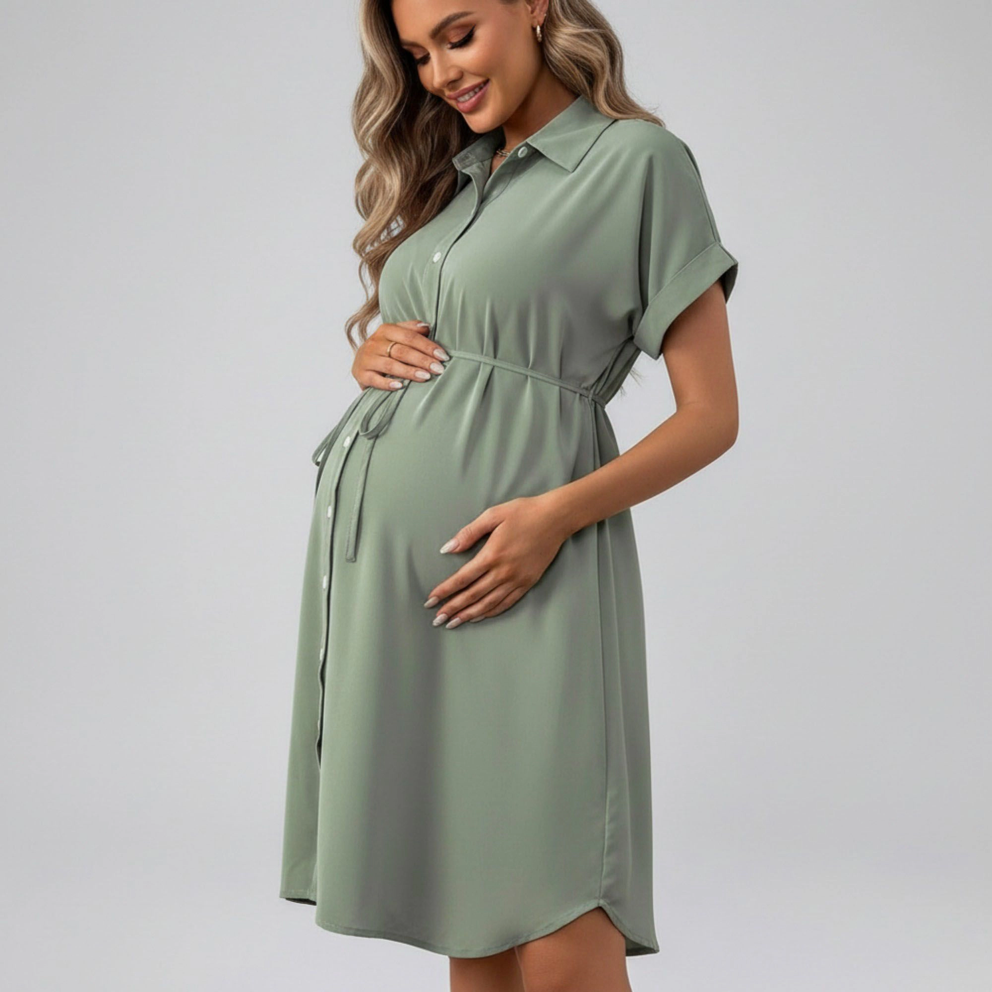 Anna-Kaci Womens Maternity Button-Down Collared Midi Shirt Dress with Tie Waist