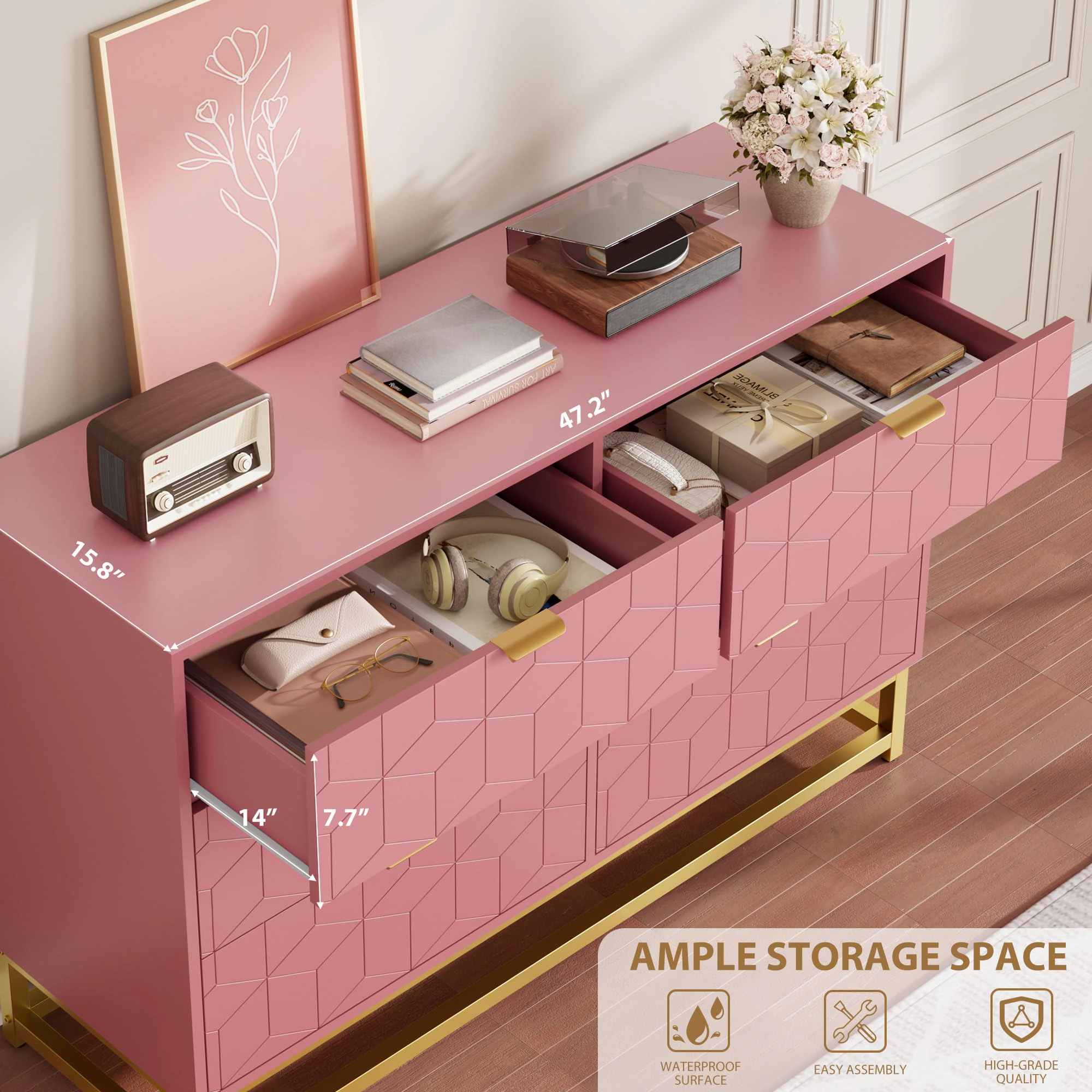 Modern 6 Drawer Double Dresser with Gold Handles, Wide Storage Chest & TV Stand for Bedroom Living Room