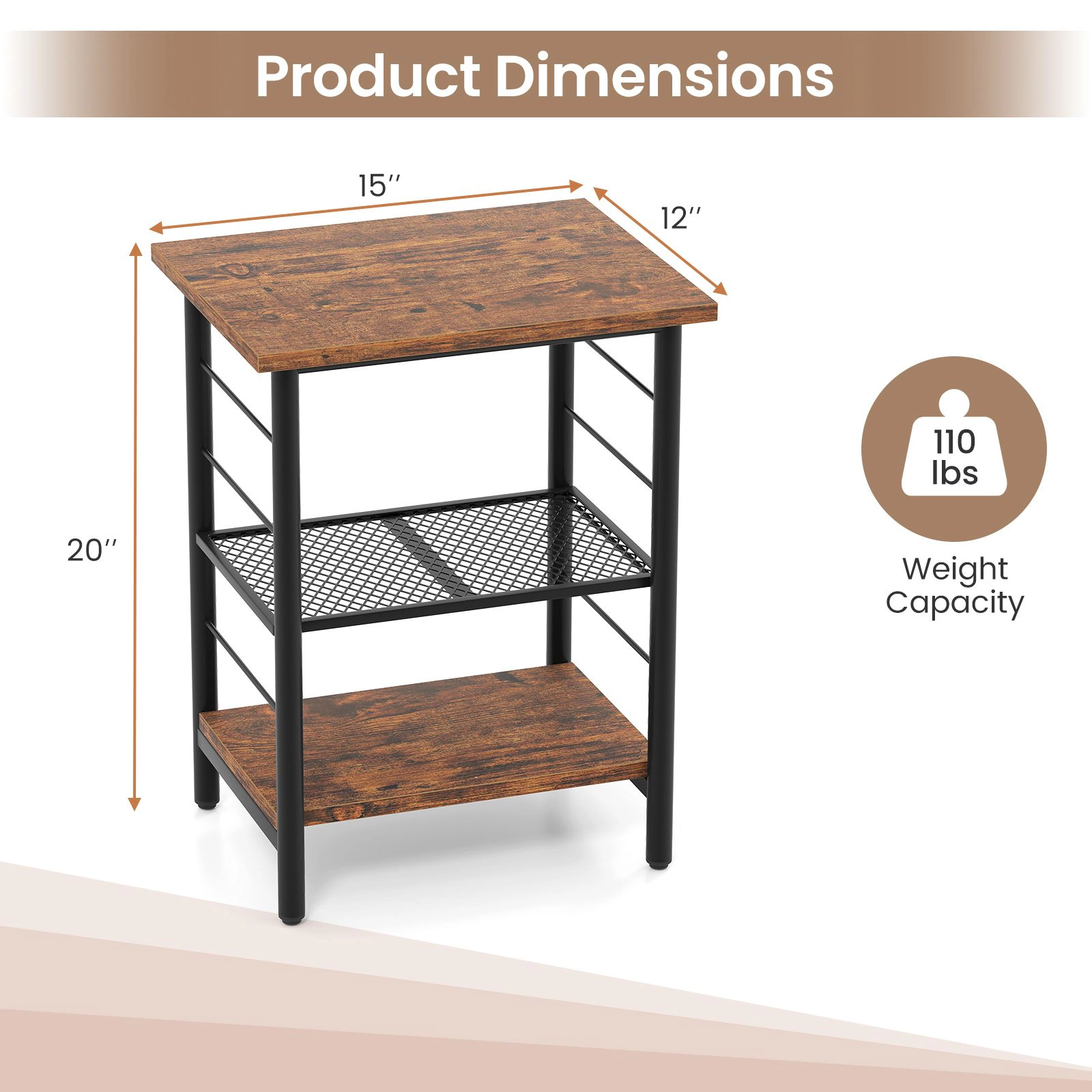 SlickBlue 3 Tier Nightstand with Adjustable Shelf for Small Spaces