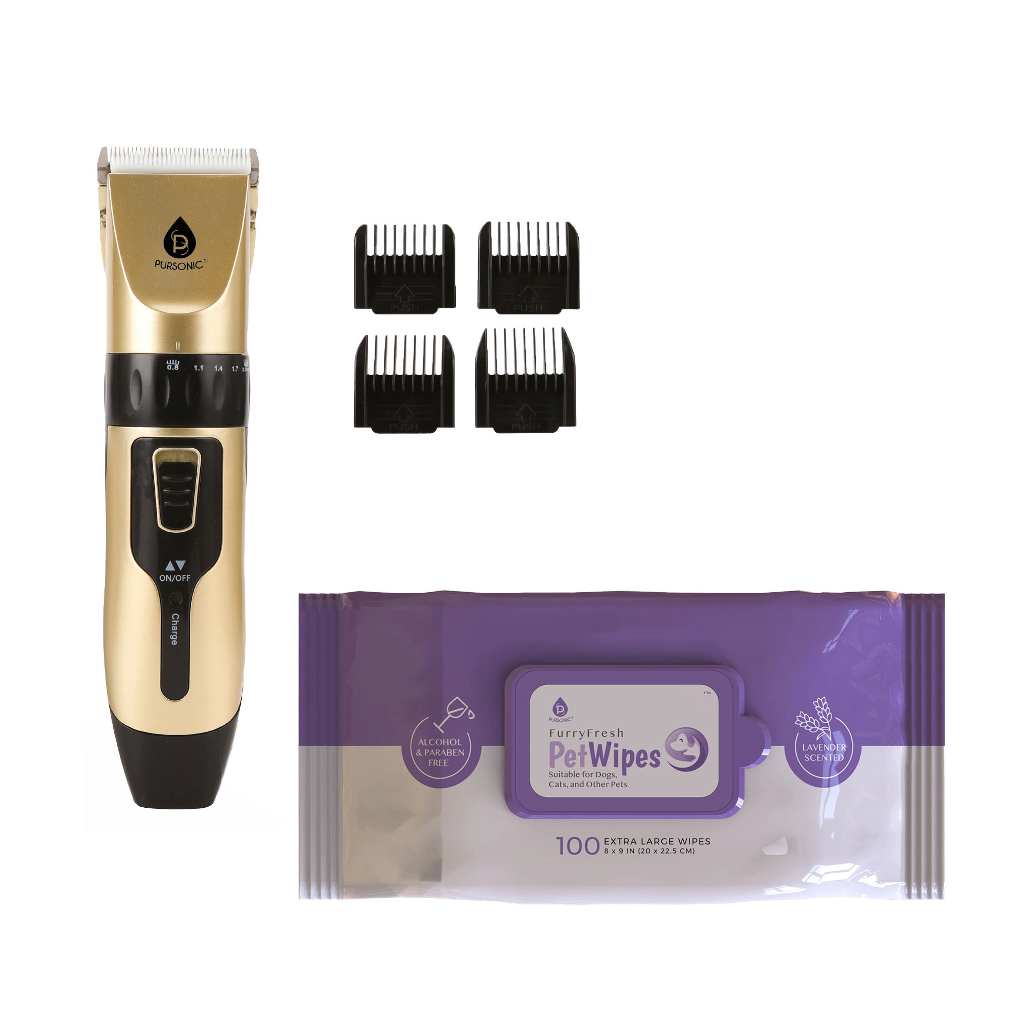 Pursonic Pet Care Bundle: Lavender Pet Wipes & Rechargeable Pet Hair Trimmer Grooming Kit for Dogs & Cats