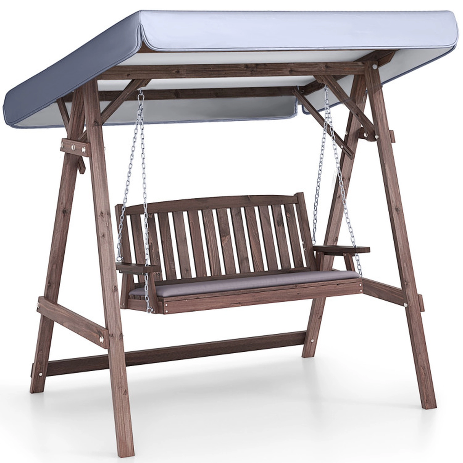 SUGIFT 2-Person Brown Wood Porch Swing with Tilt Canopy and Cushion 67-in W 47-in D 66.5-in H 661-lb Seat Capacity
