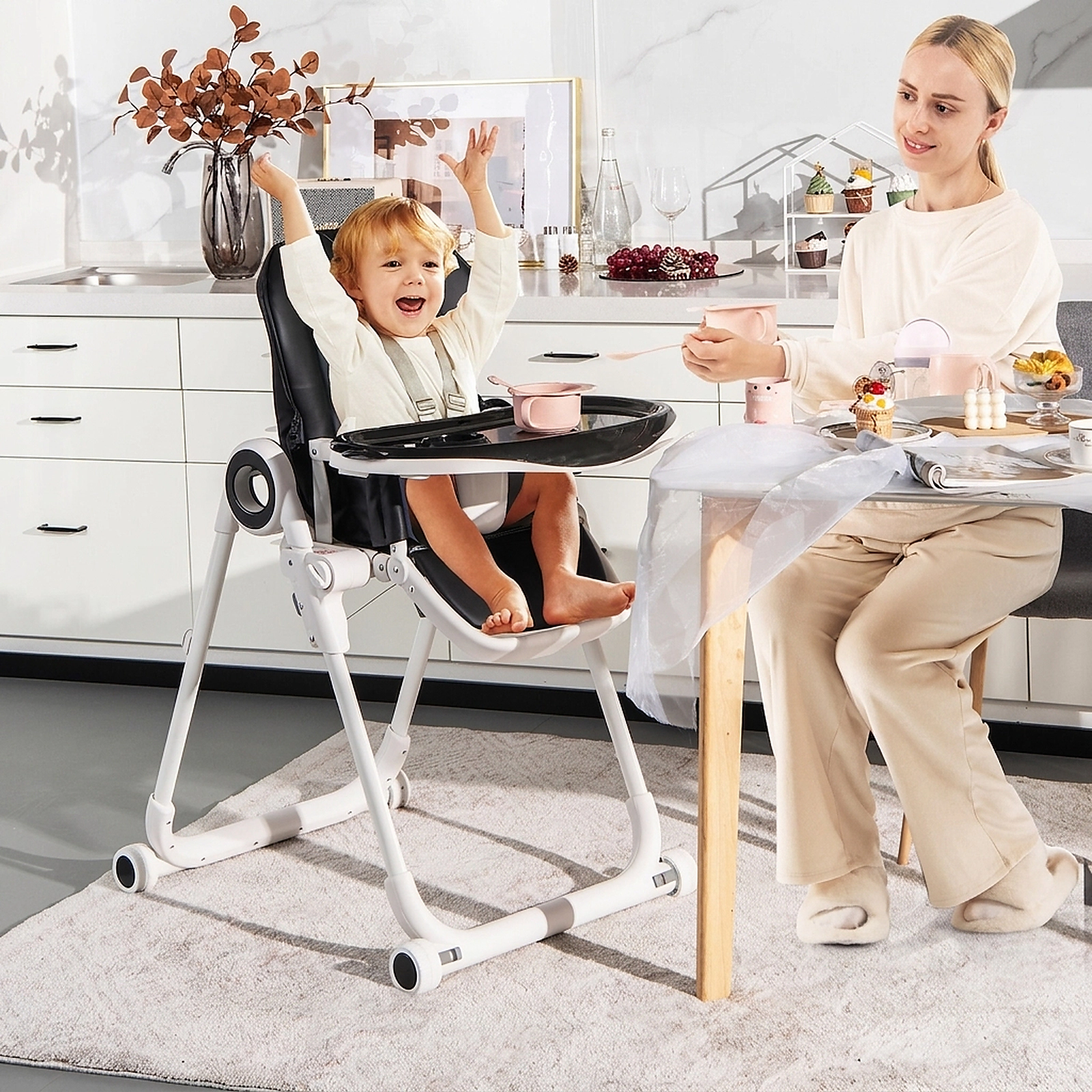 SUGIFT Black 6 Seat Heights 4 Lockable Wheels and Double Tray Foldable Baby High Chair