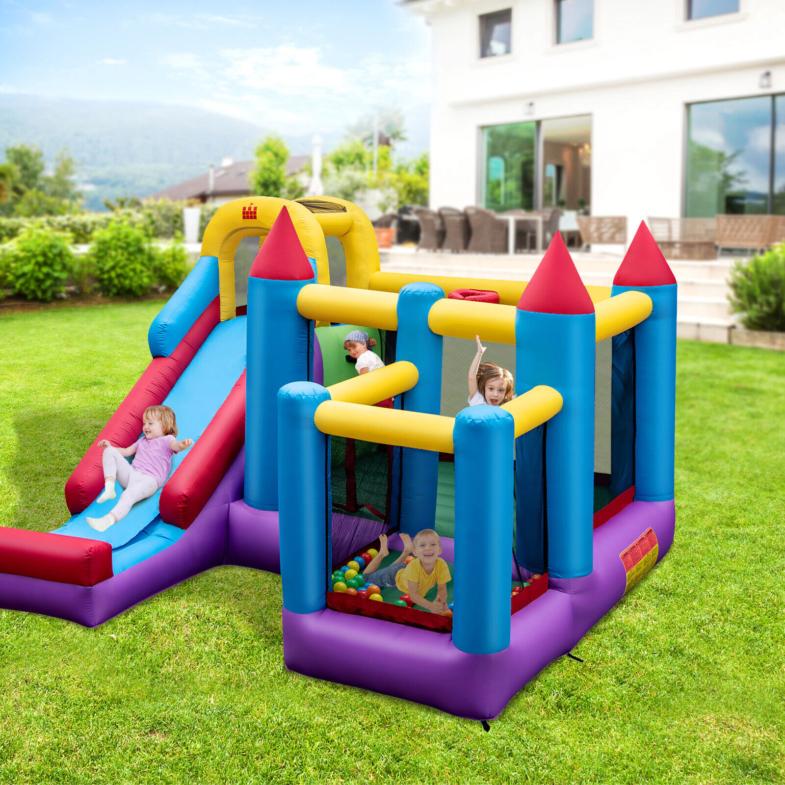 SUGIFT 97-in Long Slide Basketball Hoop and 680W Blower 4-in-1 Kids Bouncer