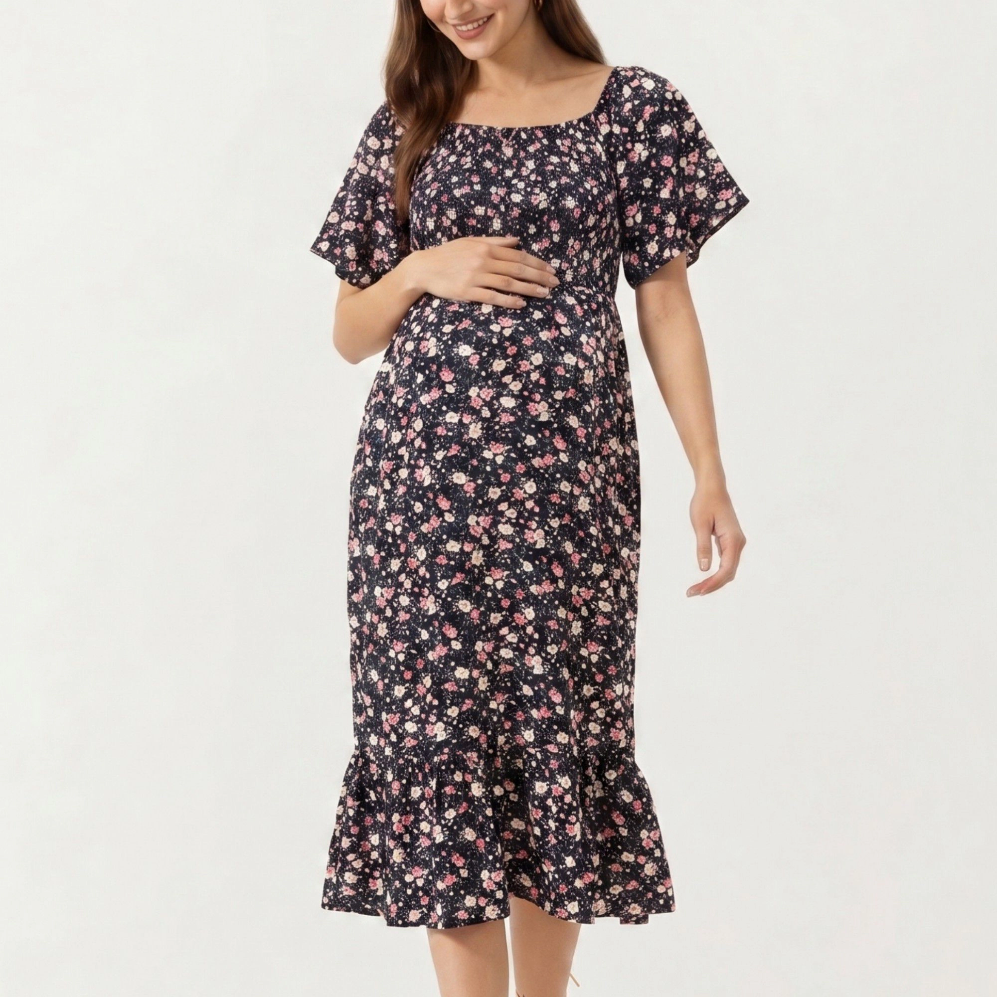 Anna-Kaci Women's Maternity Floral Square Neck Short Sleeve Ruffle Hem Midi Dress