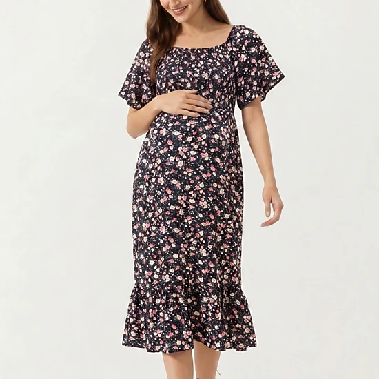 Anna-Kaci Women's Maternity Floral Square Neck Short Sleeve Ruffle Hem Midi Dress