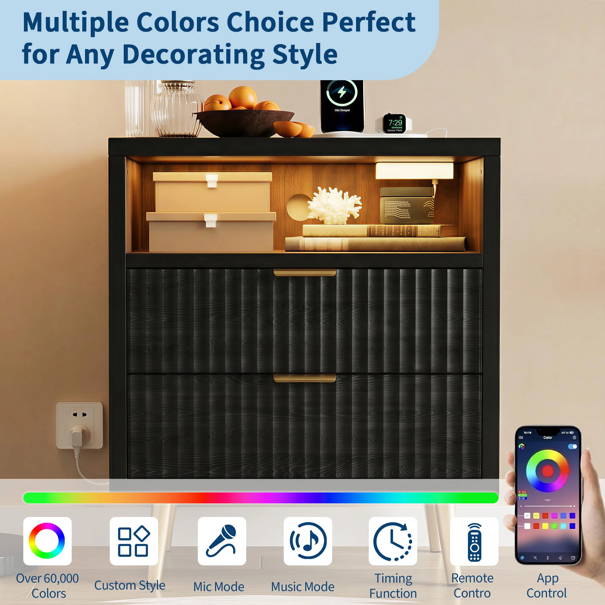 Nightstand with Charging Station and RGB LED Lights, 2-Drawer Fluted Bedside Table Open Shelf