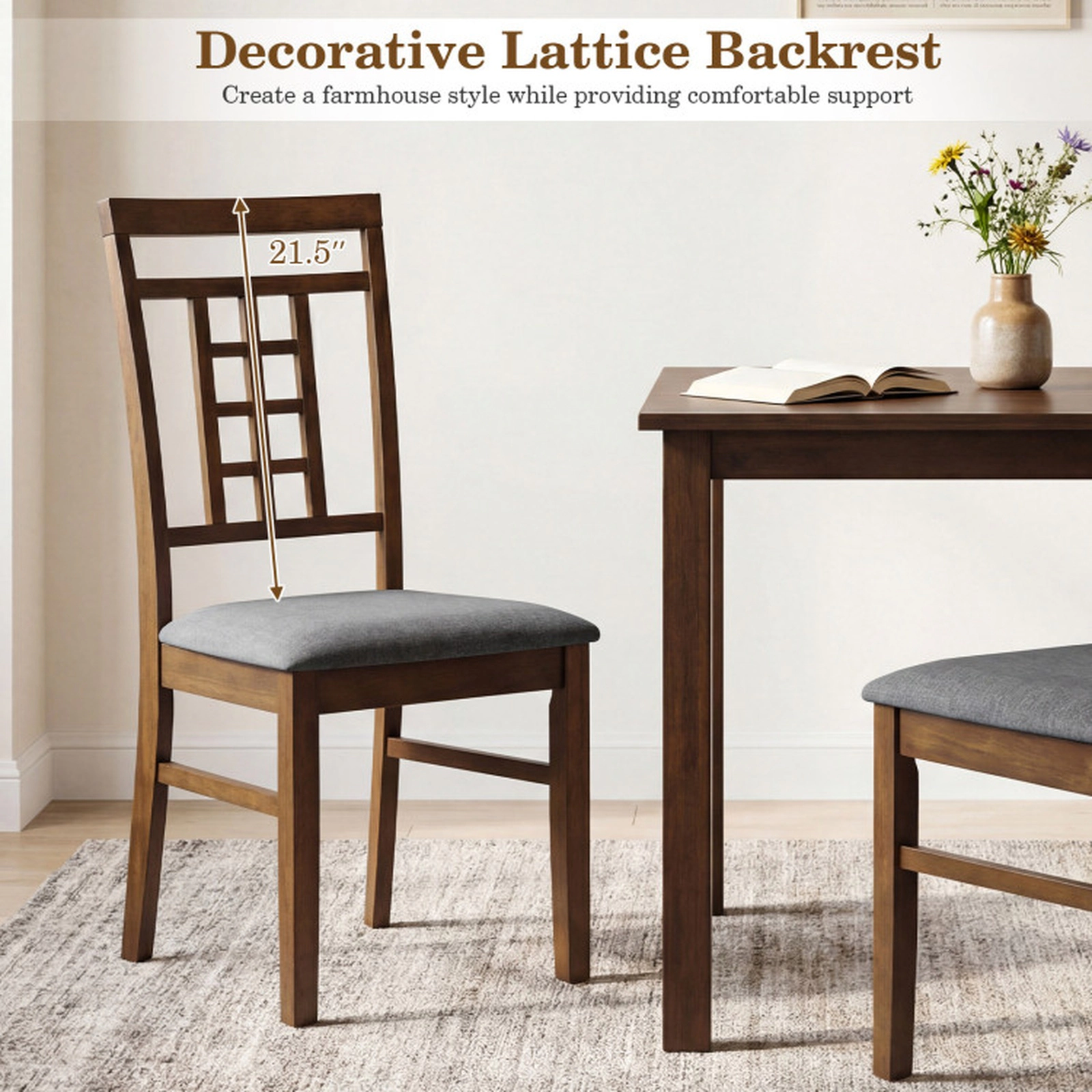 SUGIFT Lattice Back Rubber Wood Dining Chairs Set of 2 330-lb Capacity 39-in Backrest Brown and Gray