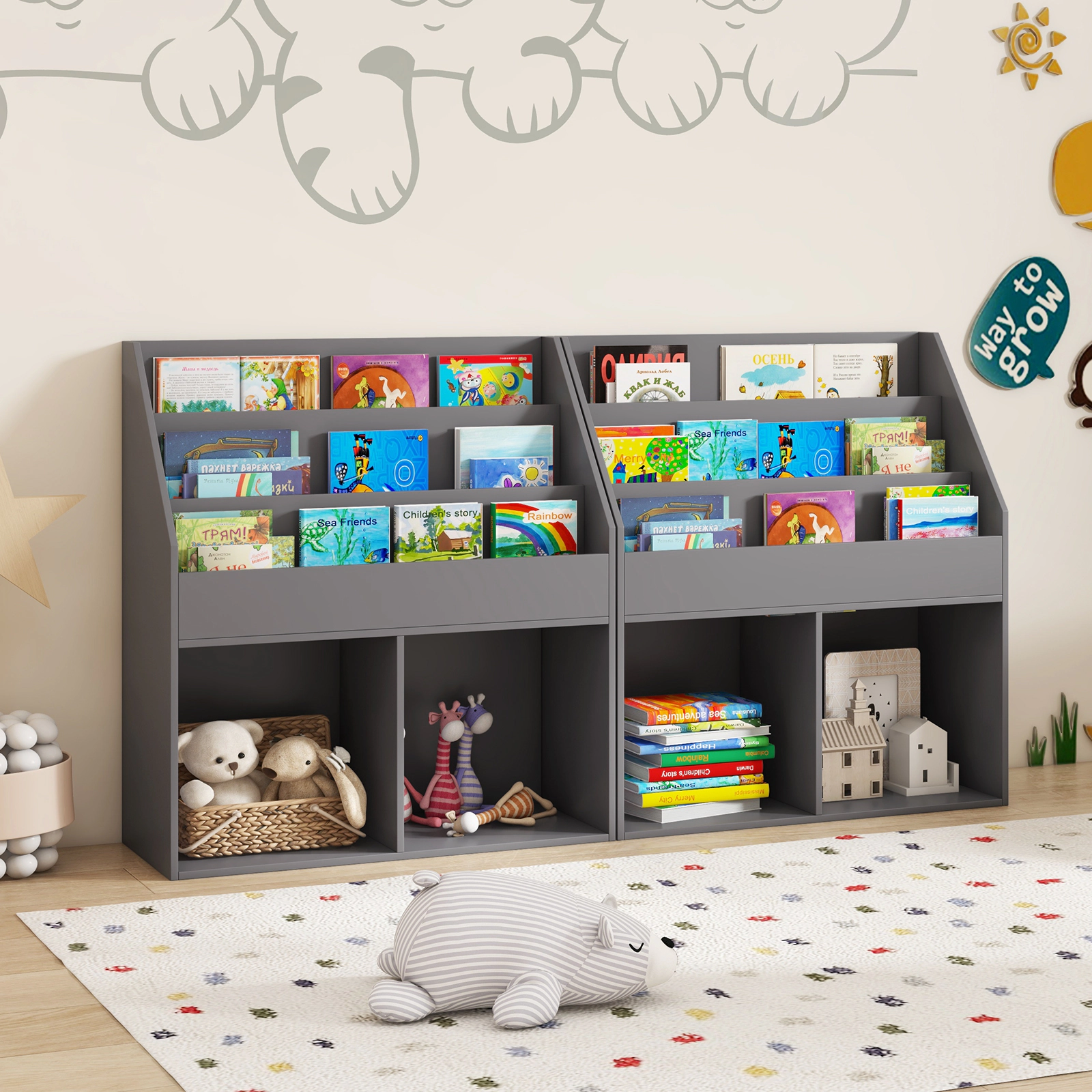 SUGIFT Kids Tiered Book Display Wide Lower Shelves Wooden Storage Bookcase 29-in x 12-in x 32-in 33-lb Shelf Gray