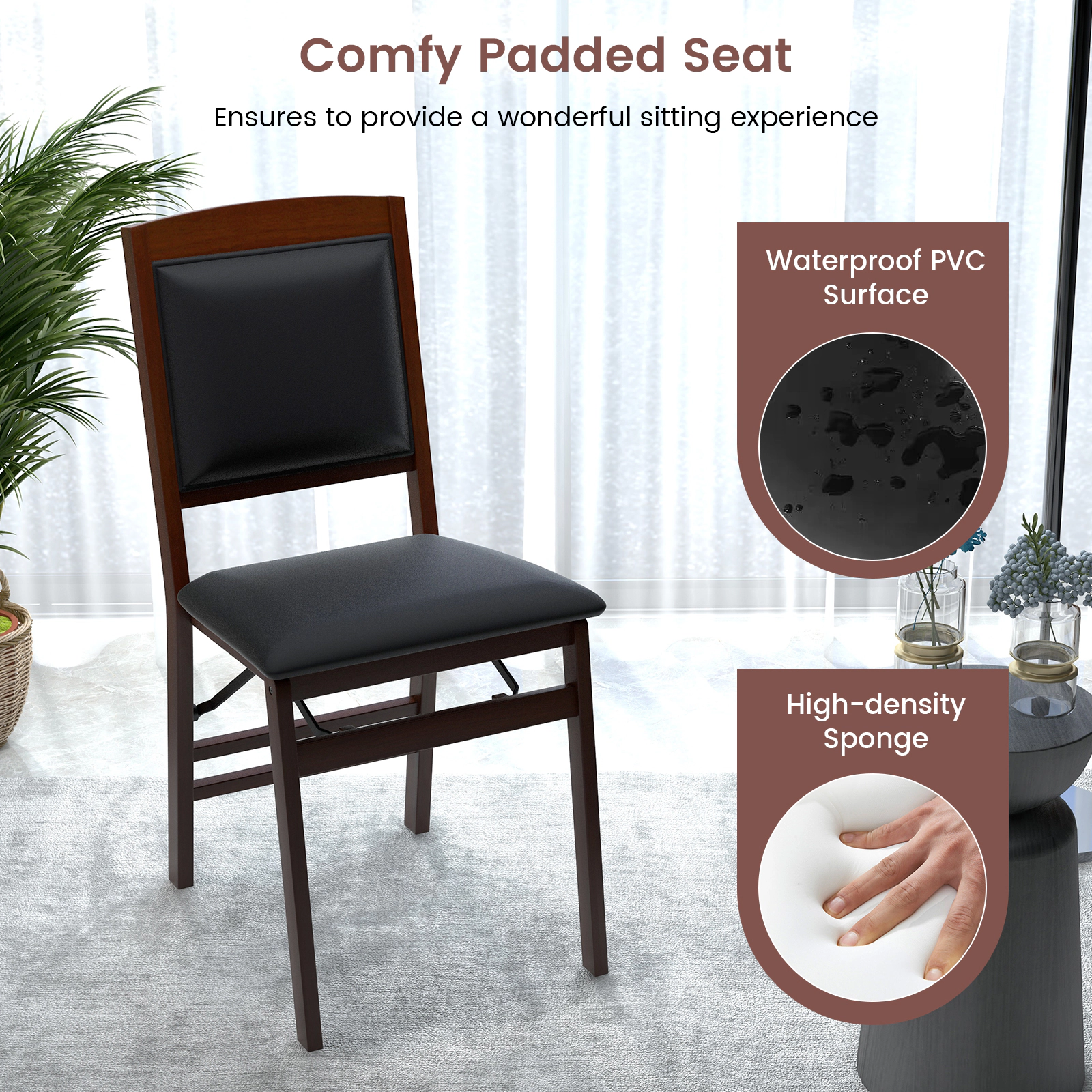 SUGIFT Folding Dining Chairs with Padded PU Leather Seat and High Backrest 400-lb Capacity Brown