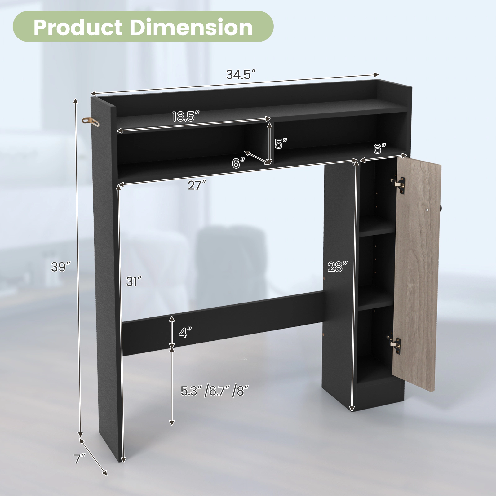 SUGIFT Over the Toilet Storage Organizer Black with Adjustable Bottom Bar and Cabinet