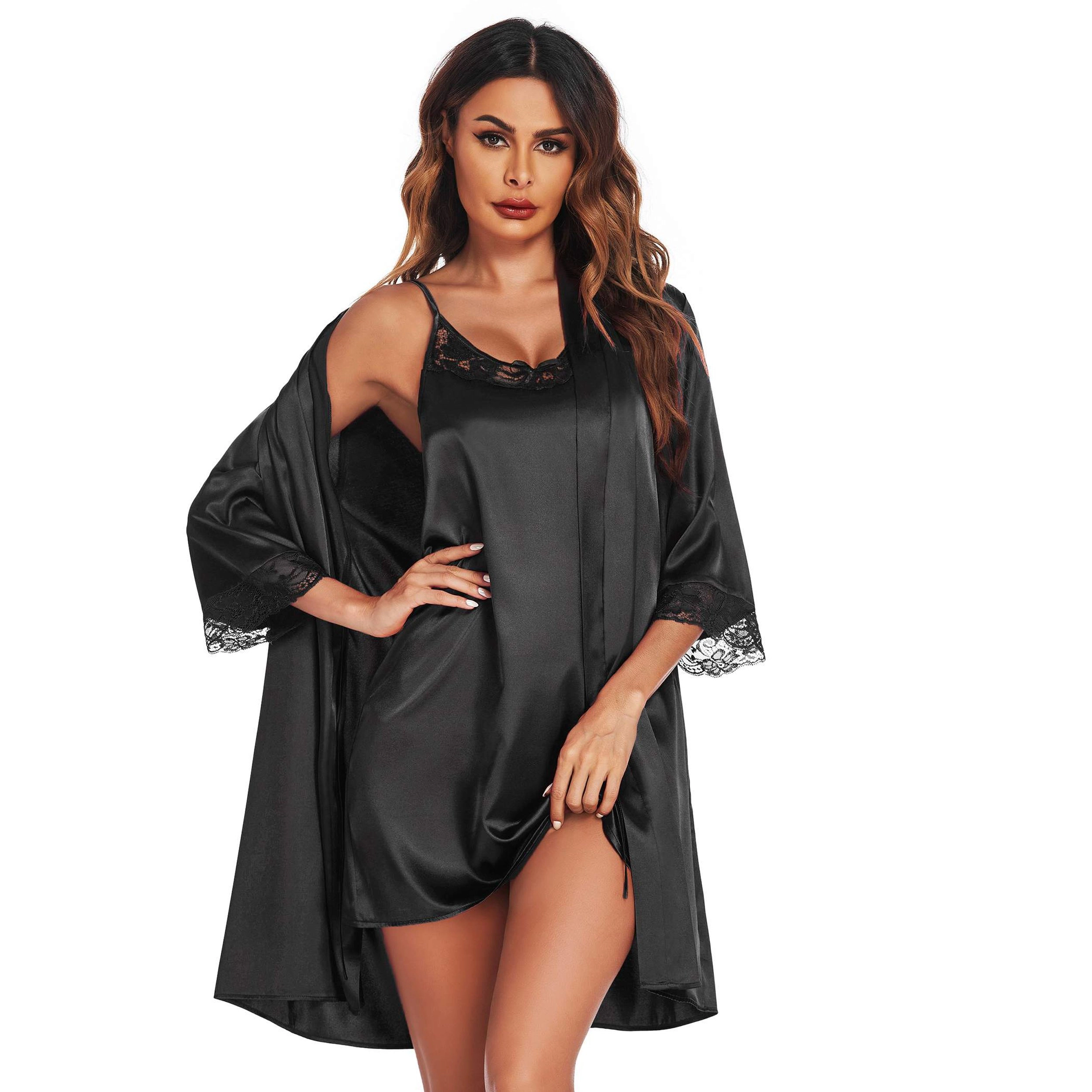 Ekouaer Womens Sleepwear Satin Nightgown with Robes Set Two Piece Lace Cami Nightwear