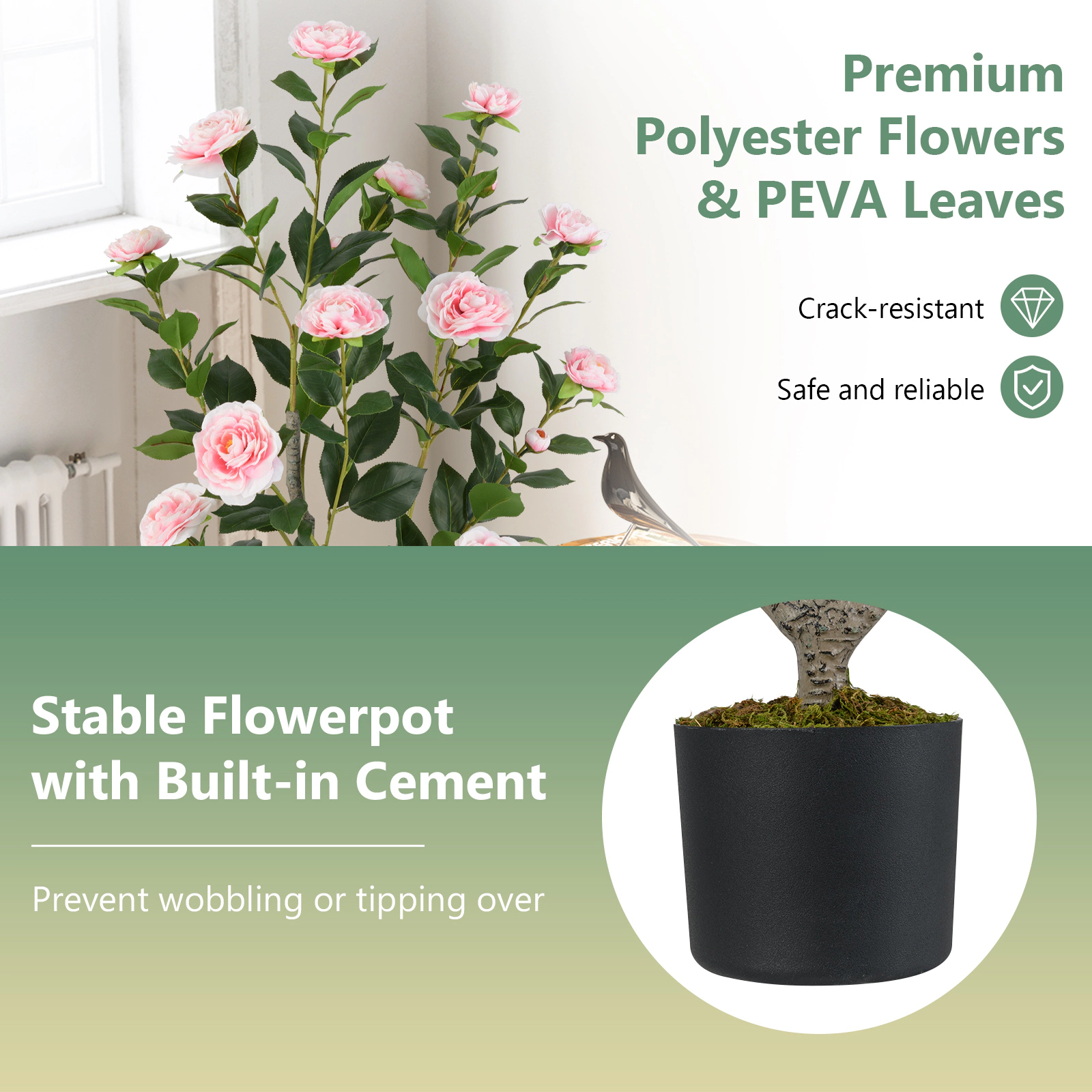 SlickBlue Artificial Camellia Tree with Decorative Pot for Home Decor