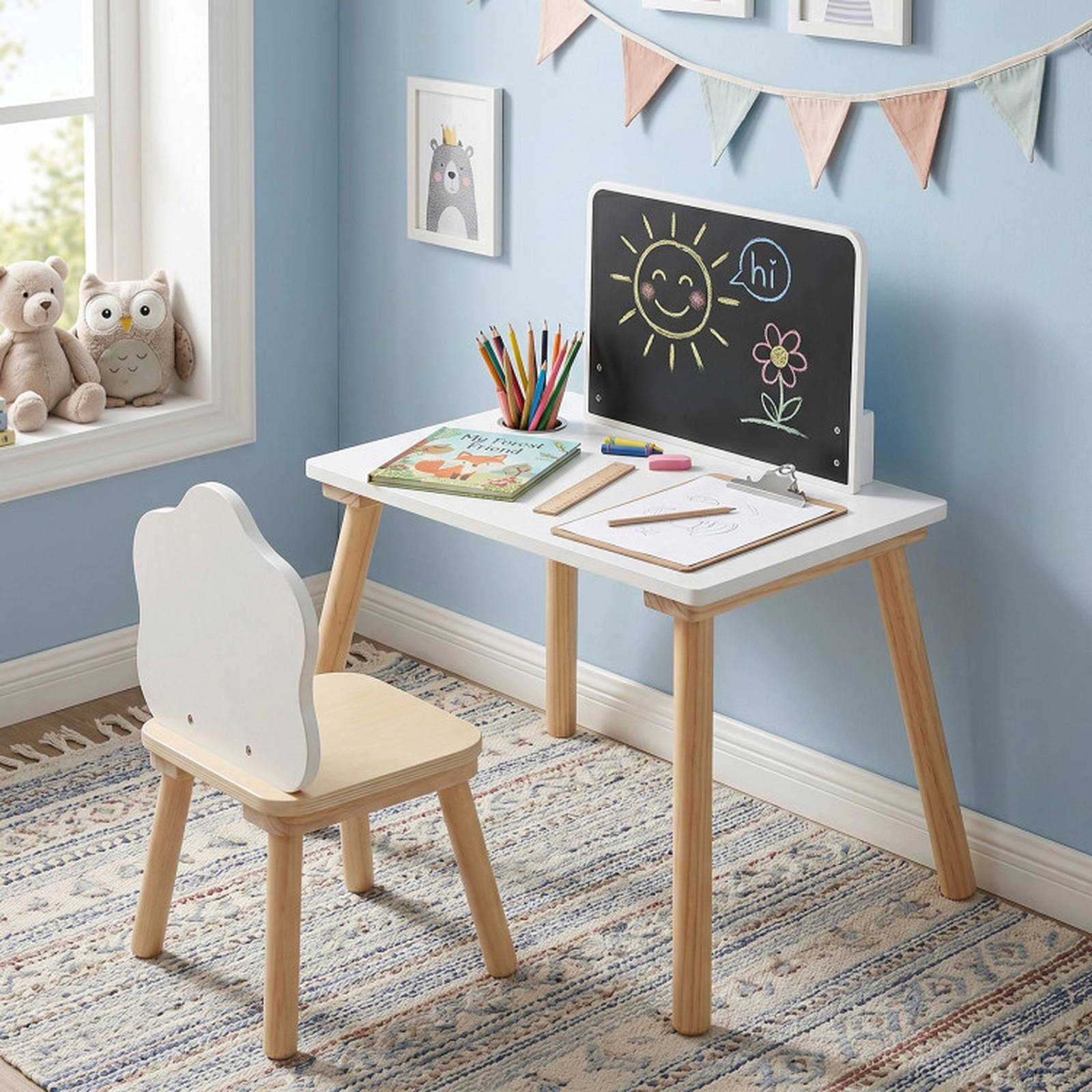 SUGIFT Natural Chalkboard Top and Brush Pot Kids Weaning Table and Chair Set