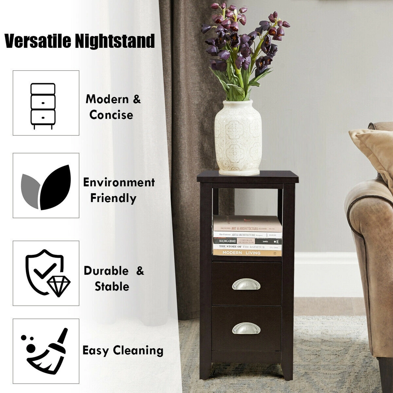 SUGIFT Set of 2 Dark Brown End Tables, 24 in Sofa Side Tables with Drawer and Open Shelf