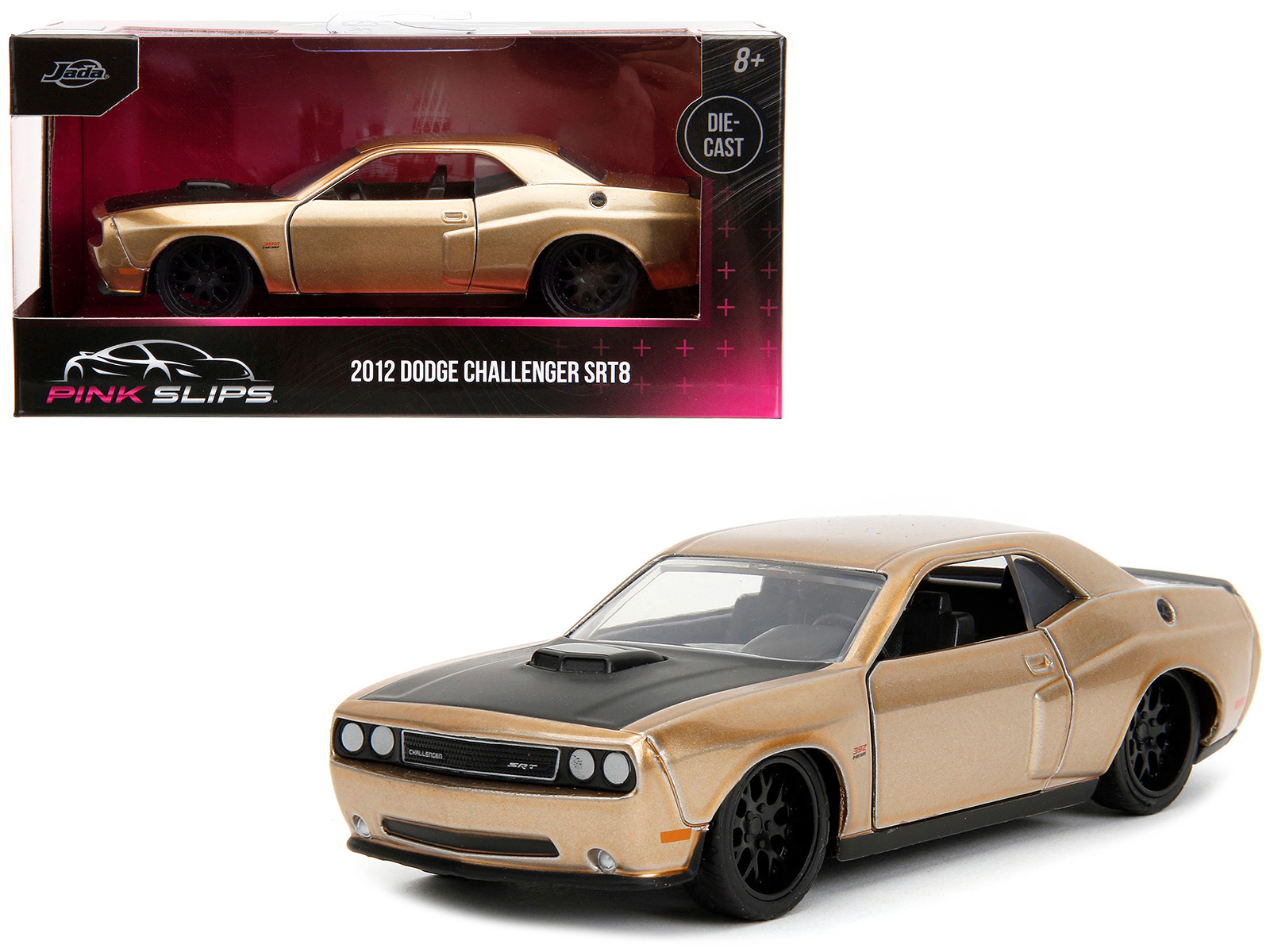 Jada 2012 Dodge Challenger SRT8 Gold Metallic with Black Hood "Pink Slips" Series 1/32 Diecast Model Car by Jada
