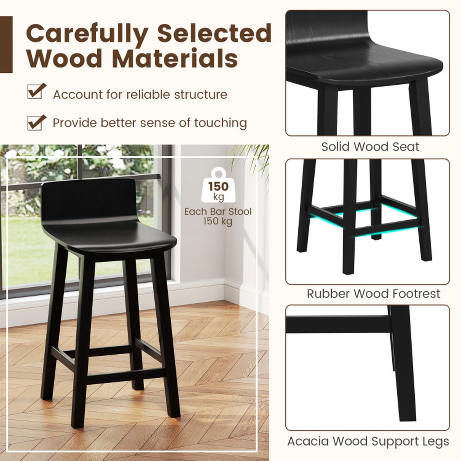 SUGIFT Set of 2 Black Mid-Century Solid Wood Bar Stools, 24.5 in Seat, Backrest and Footrest