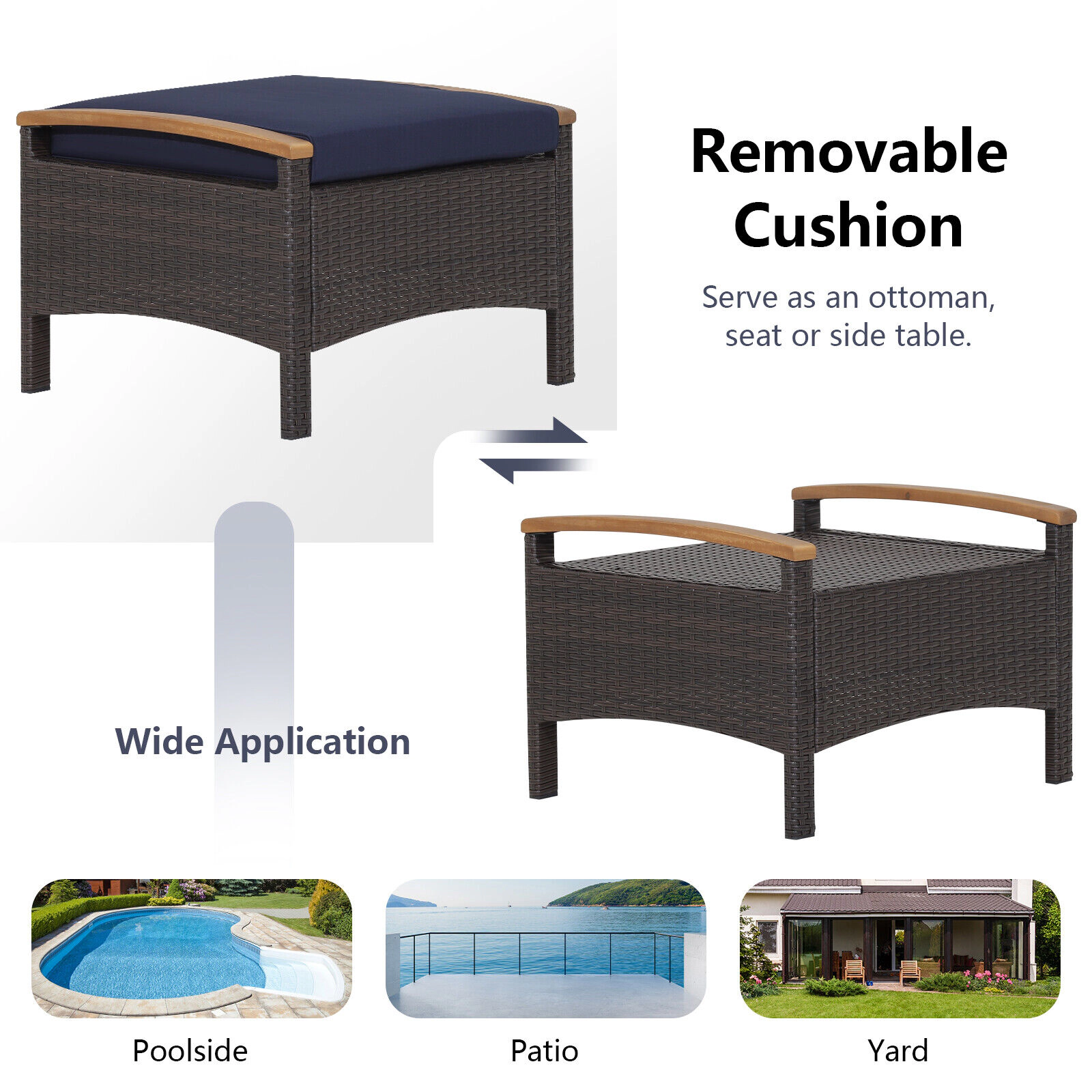 SUGIFT Set of 2 Mix Brown Outdoor Wicker Ottomans with Washable Cushions