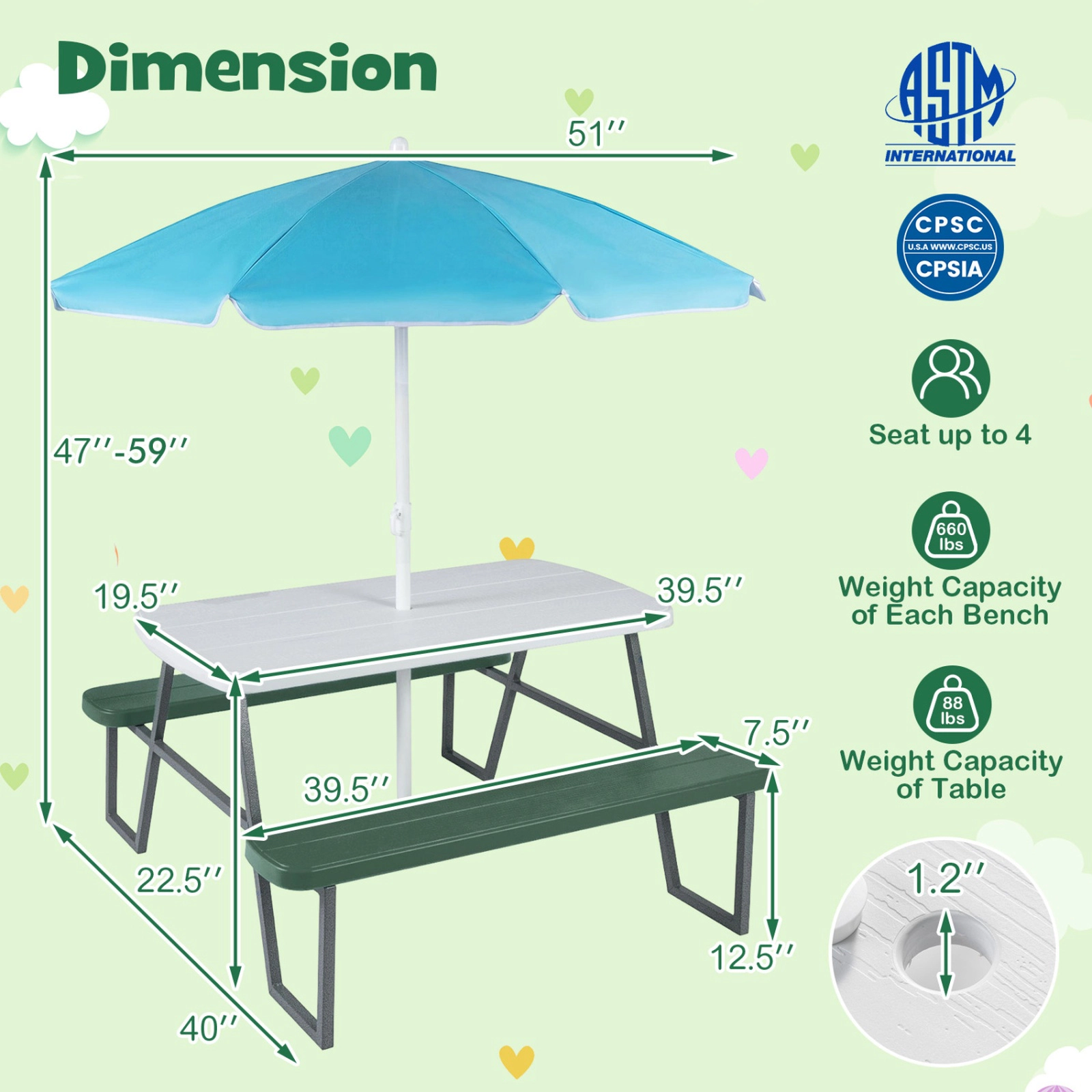 SUGIFT Kids Picnic Table with Benches and Umbrella Metal and HDPE 88-lb Table 660-lb Bench Capacity Ages 3+ Green