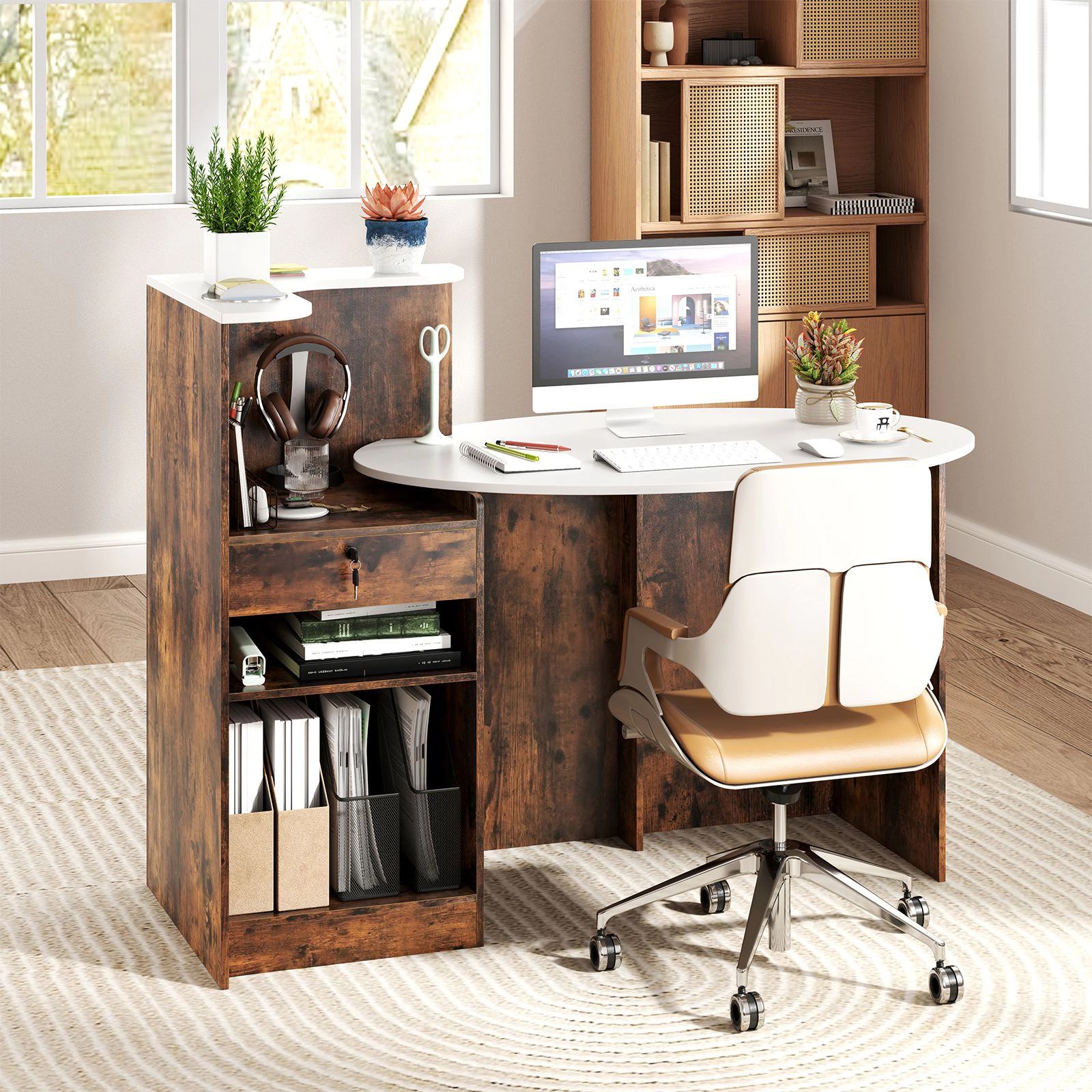 SlickBlue Office Reception Desk With Oval Tabletop Storage