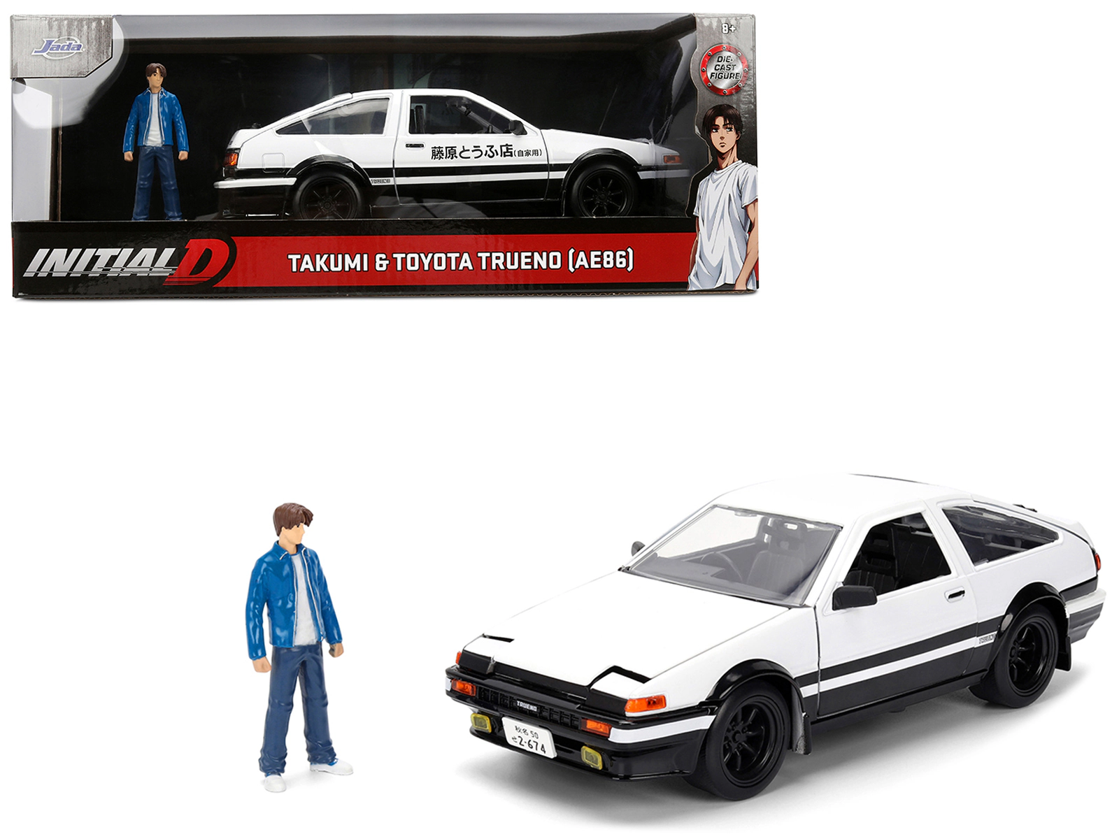 Jada Toyota Trueno (AE86) RHD (Right Hand Drive) White and Black with Graphics and Takumi Diecast Figure