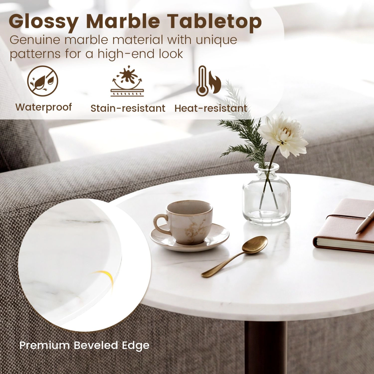 SlickBlue Round Marble Side Table with Solid Wood Pedestal Base