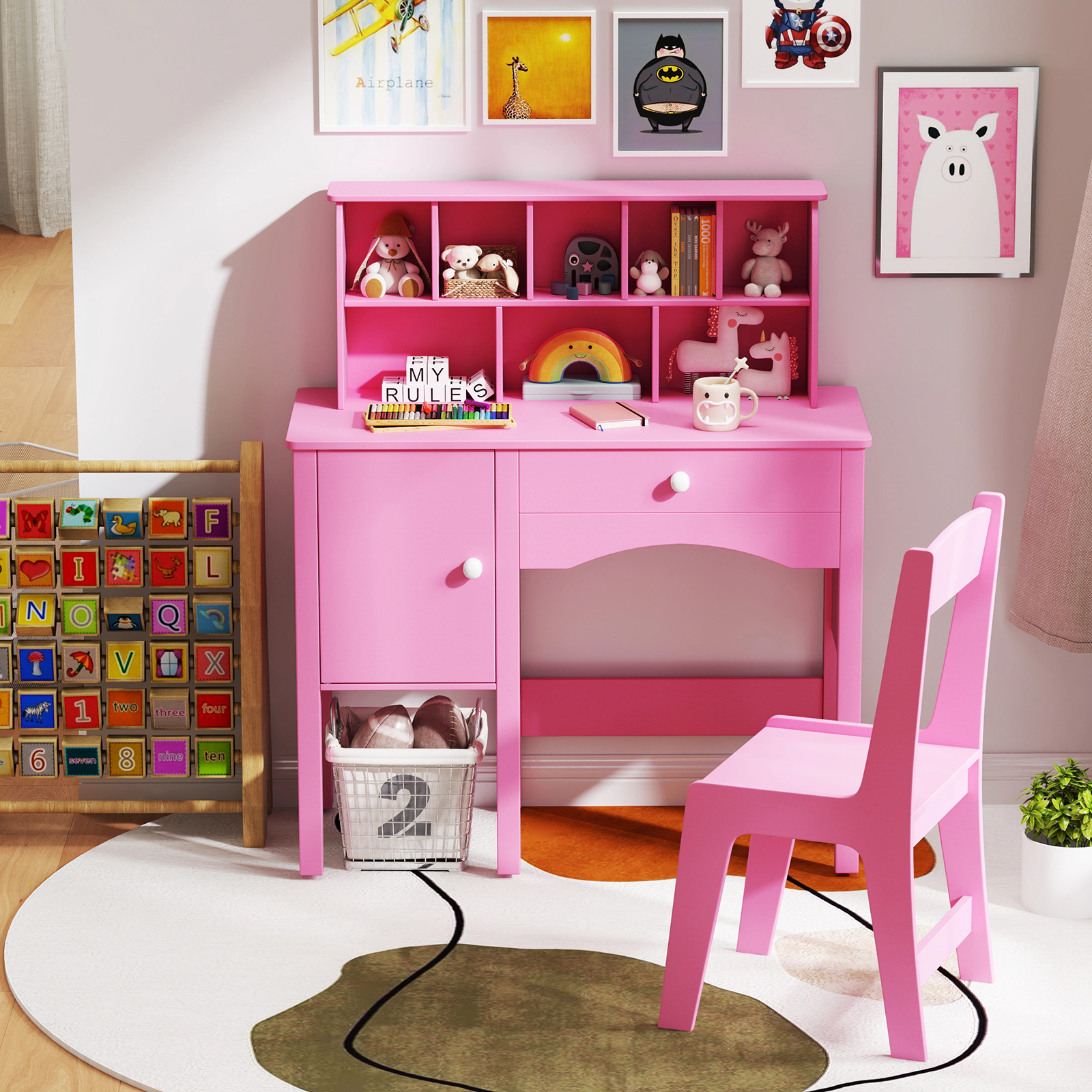 SUGIFT Pink Hutch Side Cabinet and Anti-Toppling Device Kids Study Desk and Chair Set