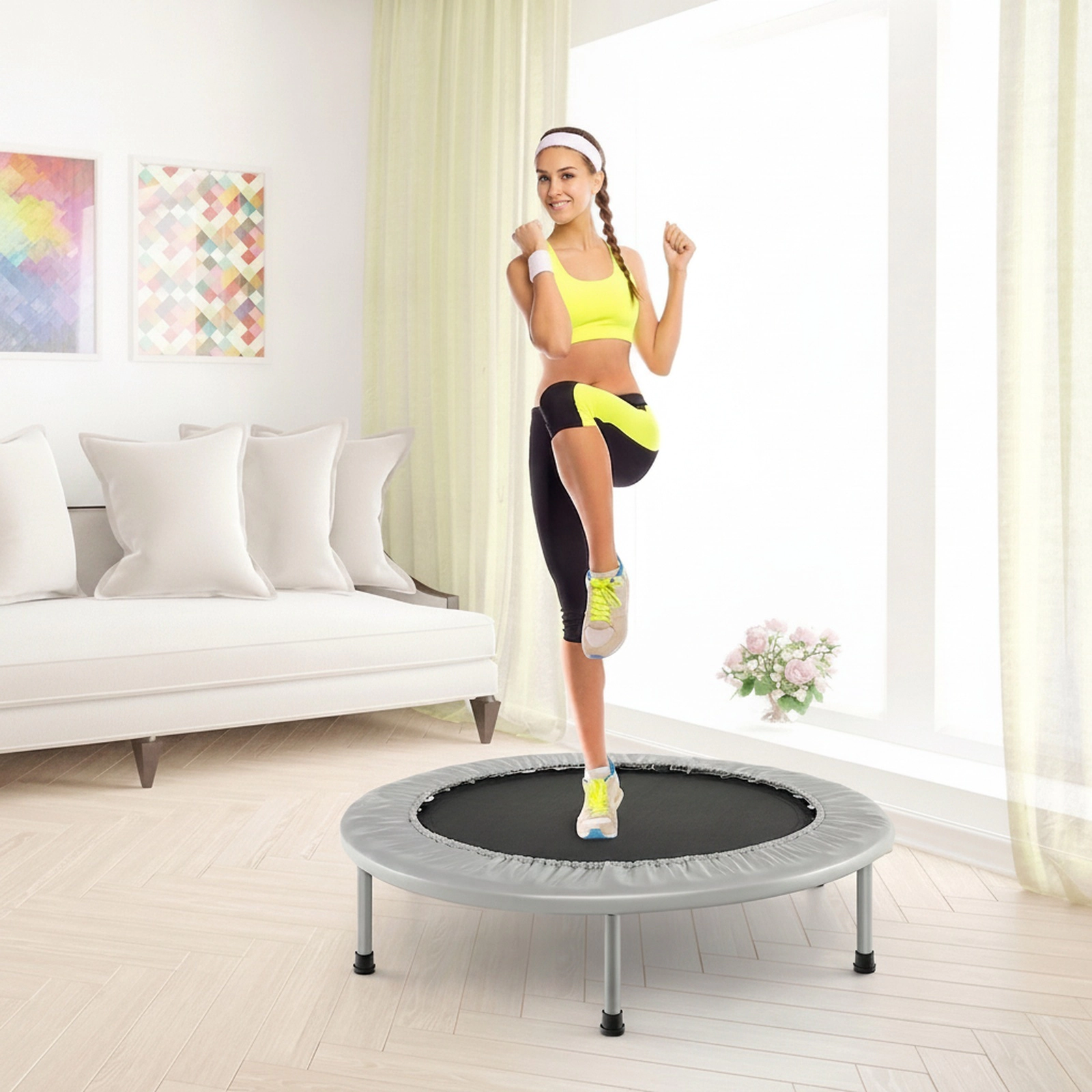 38-in Mini Trampoline Adults Folding Rebounder Trampoline 330-lb Capacity 32 Springs 6 Legs Fitness Gray
