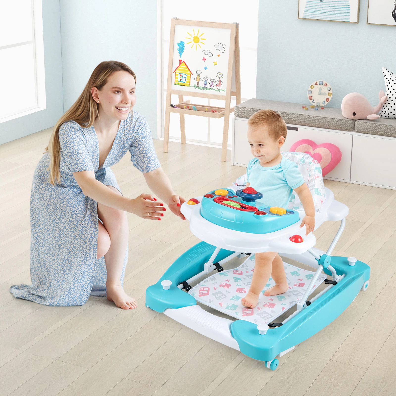 SUGIFT 6-in-1 Foldable Baby Walker with Adjustable 3-Position Height 26.5-lb Capacity Ages 6-14 Months Green