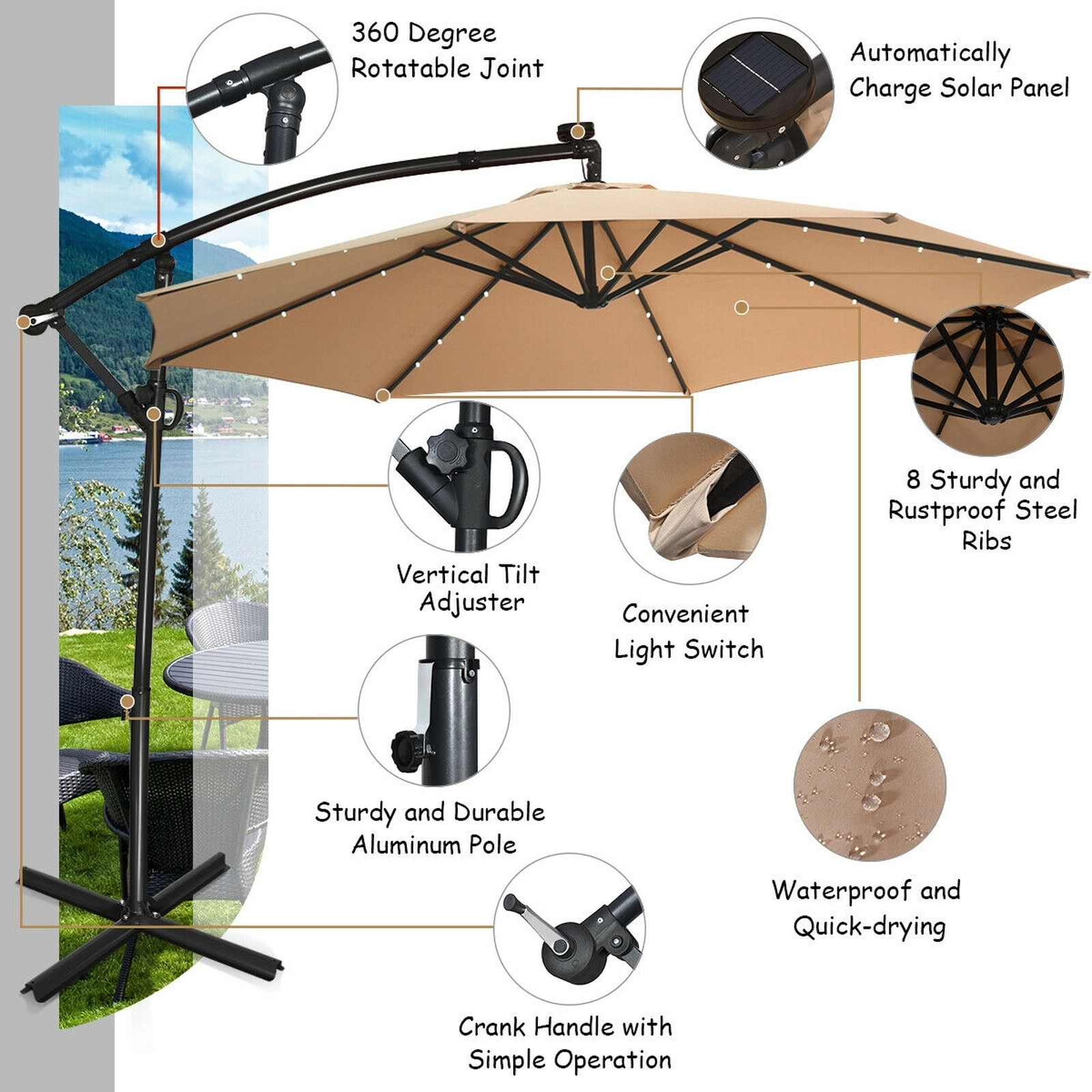 SUGIFT 10-ft Beige Solar LED Offset Patio Umbrella with 32 Lights 360-Degree Rotation and Cross Base for Deck
