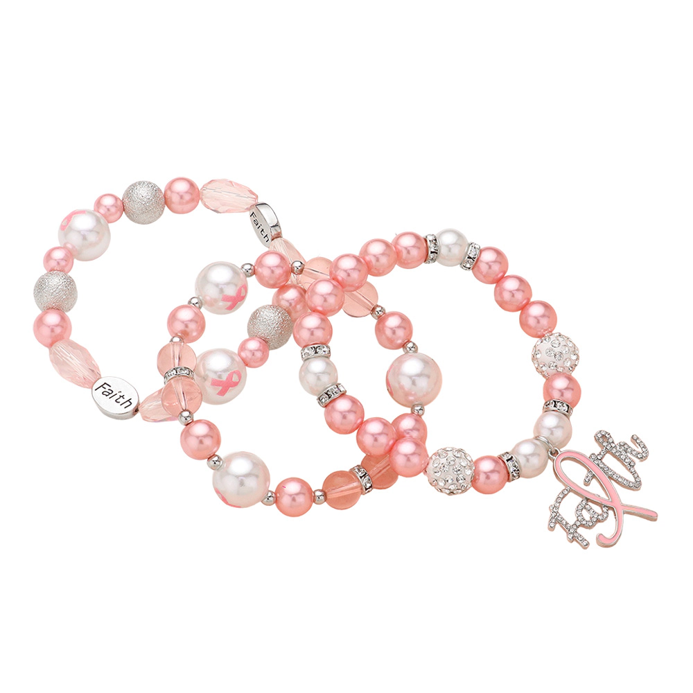 FASHNZFAB 3PCS - FAITH Message Charm Shamballa Ball Pointed Pearl Beaded Stretch Multi Layered Bracelets