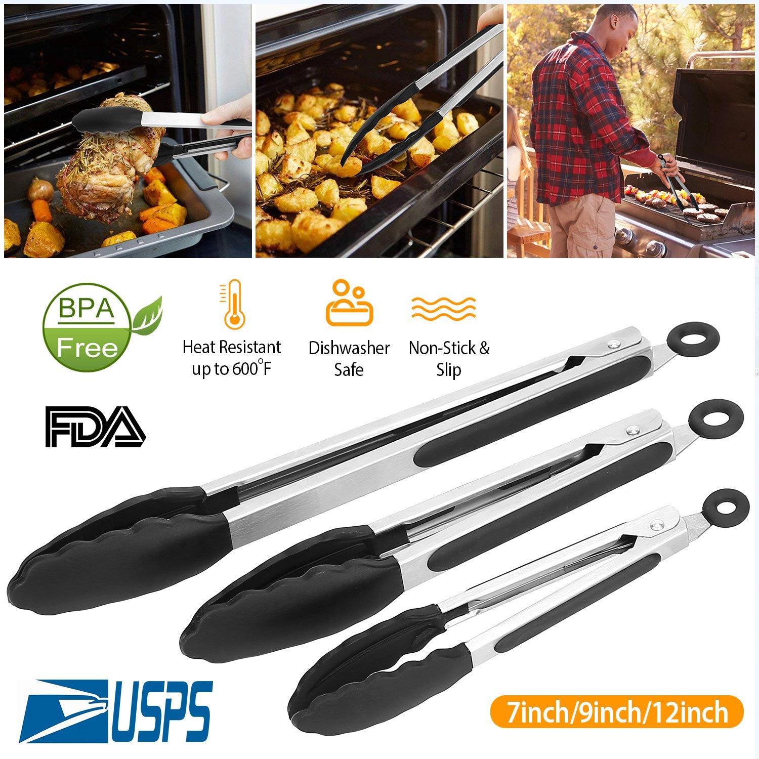 GBruno 3-Piece Stainless Steel Kitchen Tongs