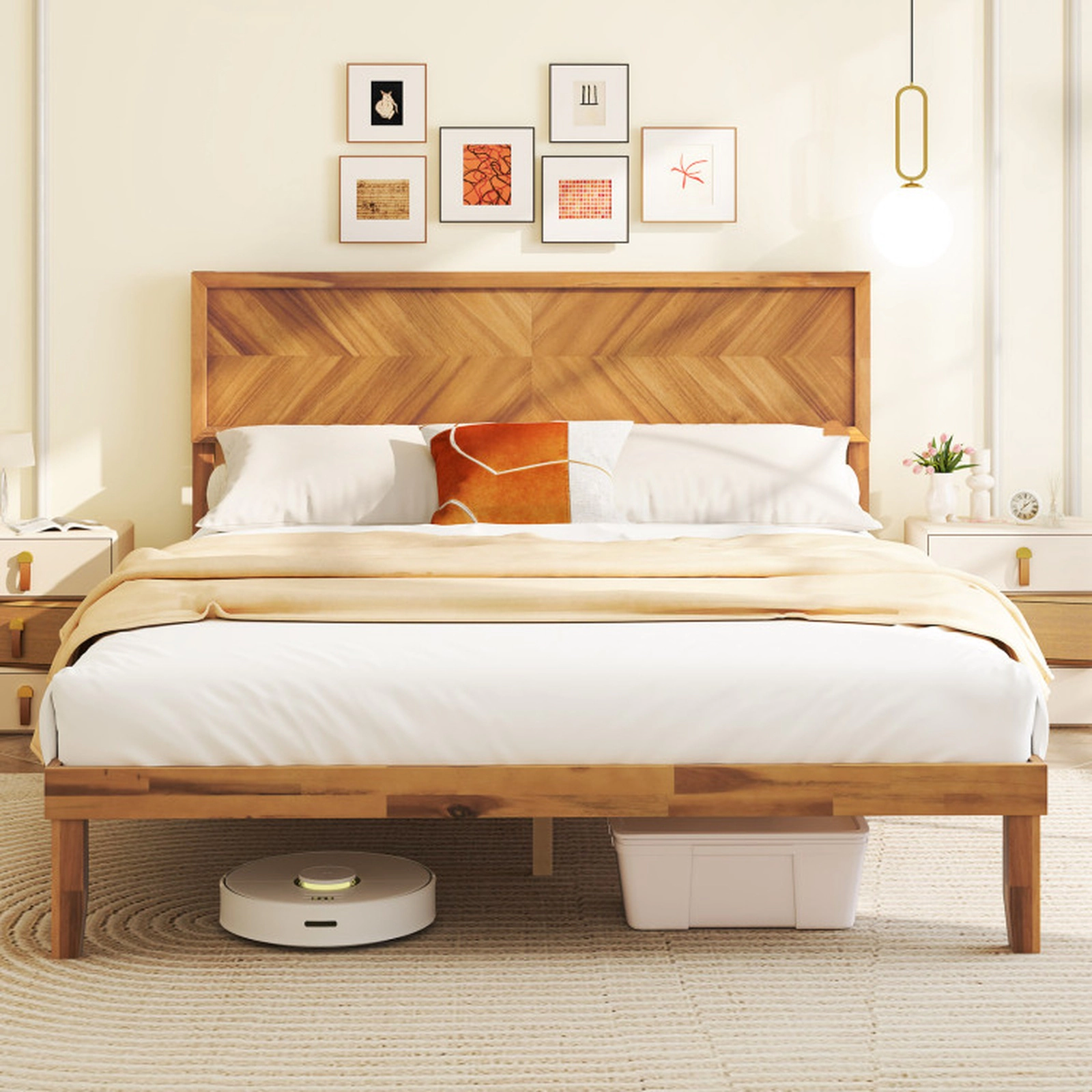 SUGIFT Platform Queen Size Bed Frame with Headboard and Under-Bed Storage 660-lb Capacity Rustic Golden Brown