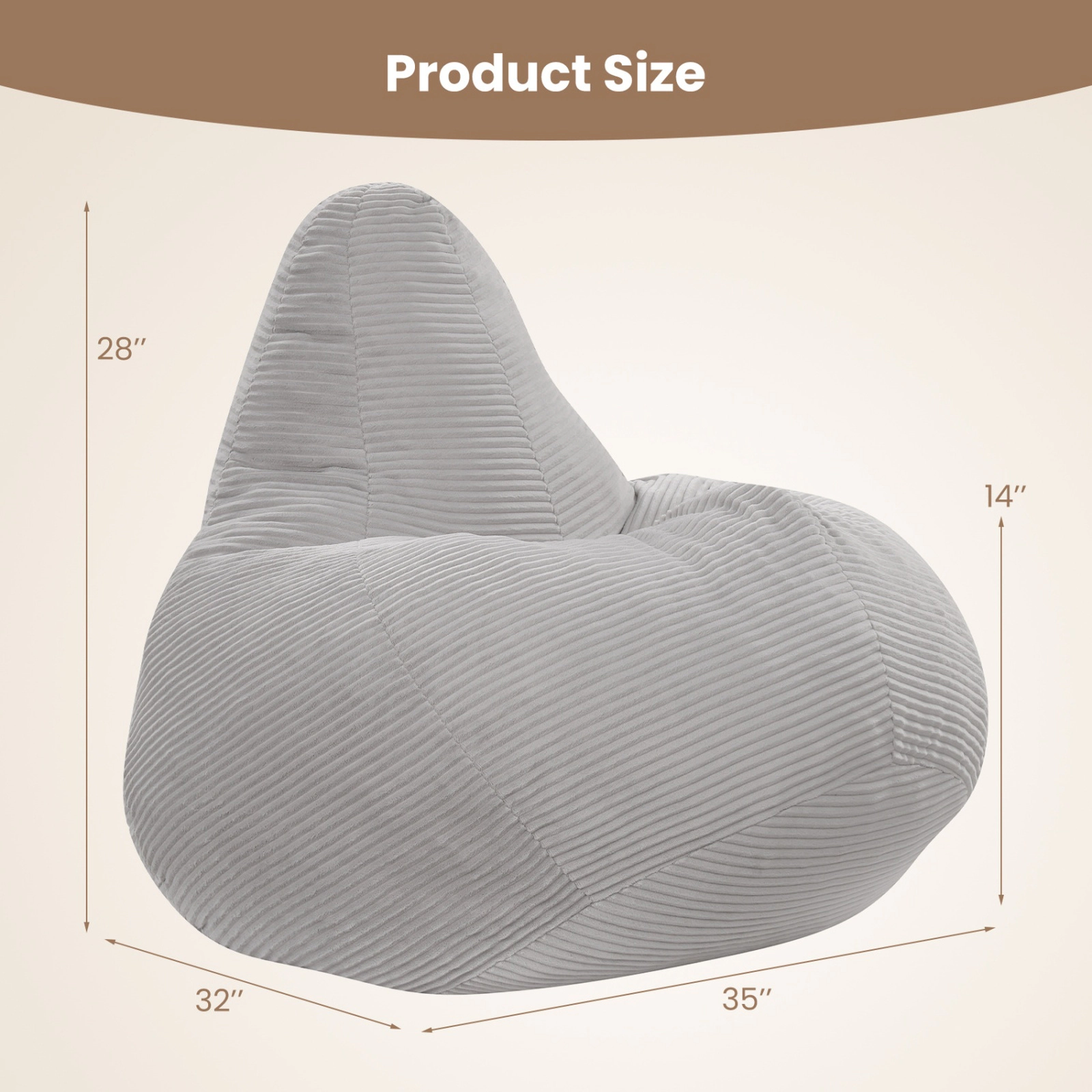 SUGIFT Gray 35-In Corduroy Bean Bag Chair with Shredded Sponge Filling