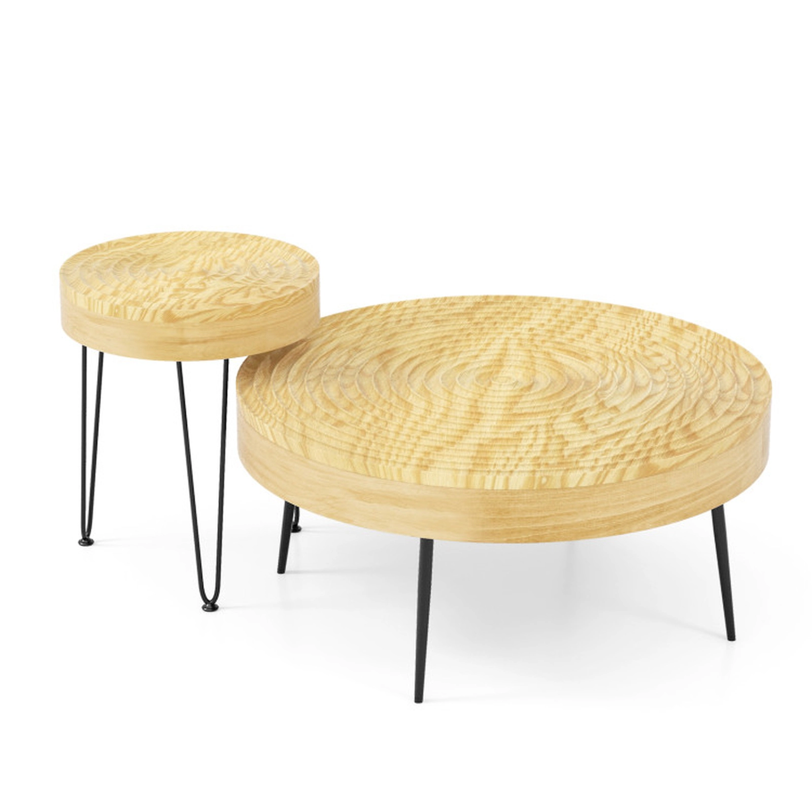 SUGIFT Set of 2 Round Solid Pine Coffee Tables, Ripple Pattern, Natural Finish
