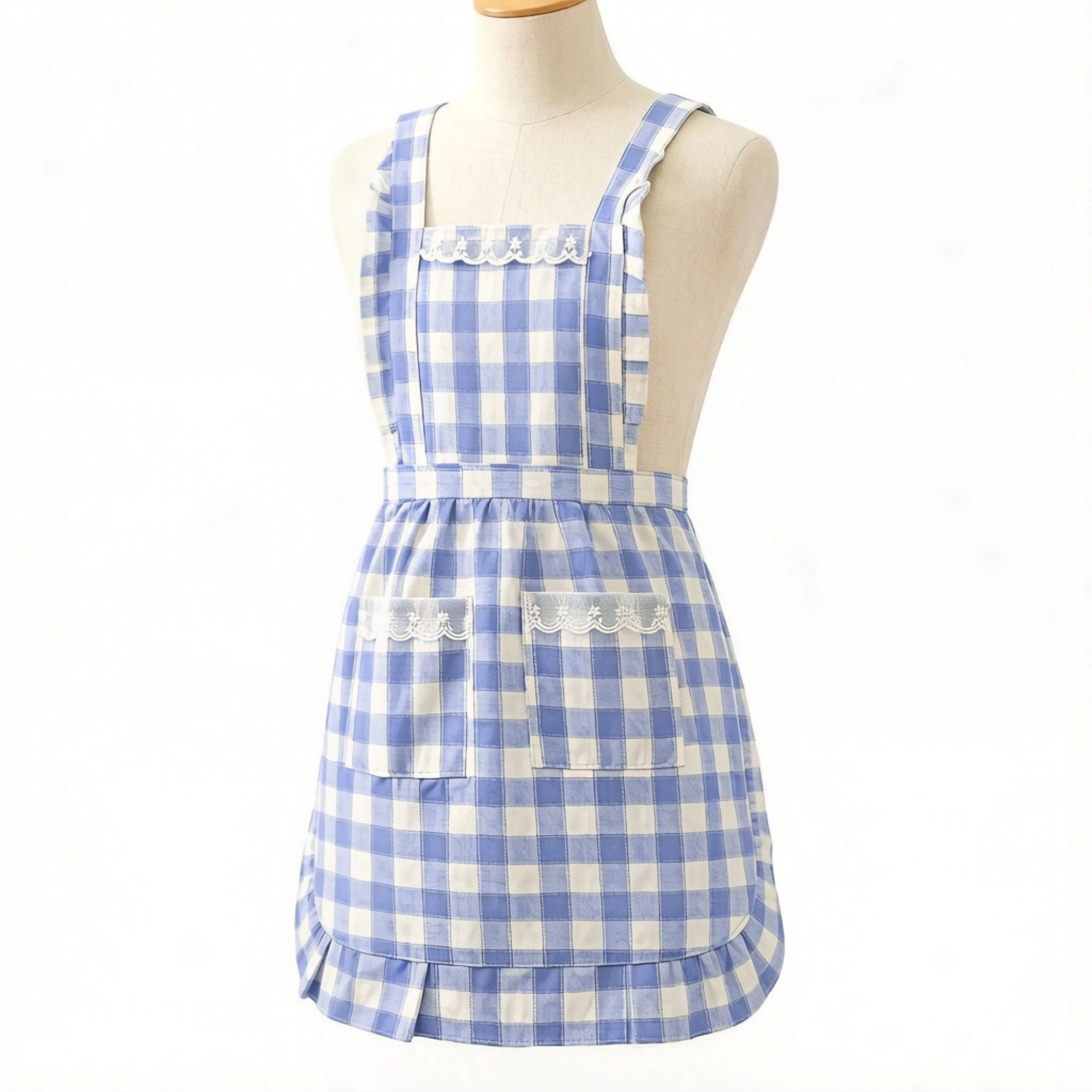 Alilang Women Gingham Kitchen Apron with Ruffle Trim Adjustable Waist Ties Lace Bib Detail and Front Pocket