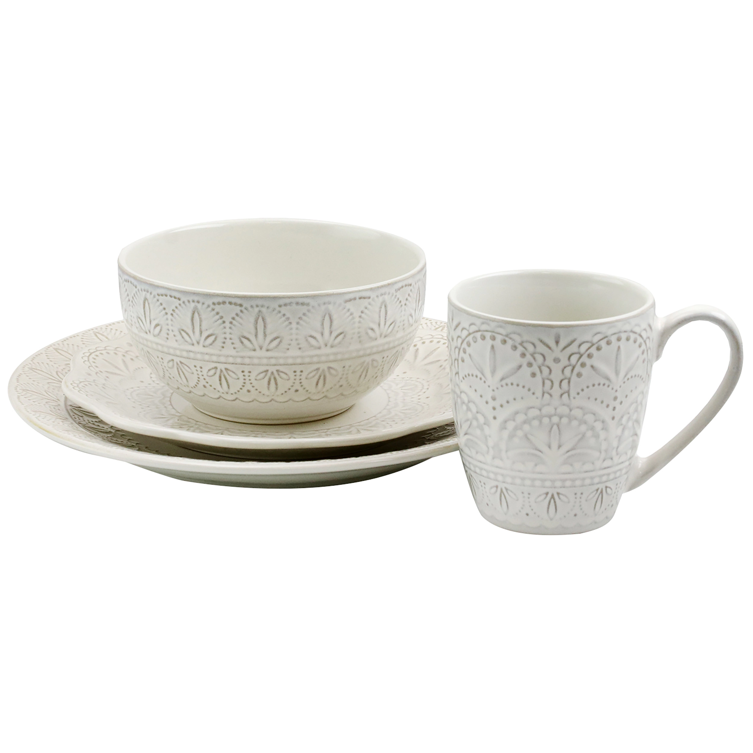 Elama White Lace 16 Piece Luxurious Stoneware Dinnerware with Complete Setting for 4