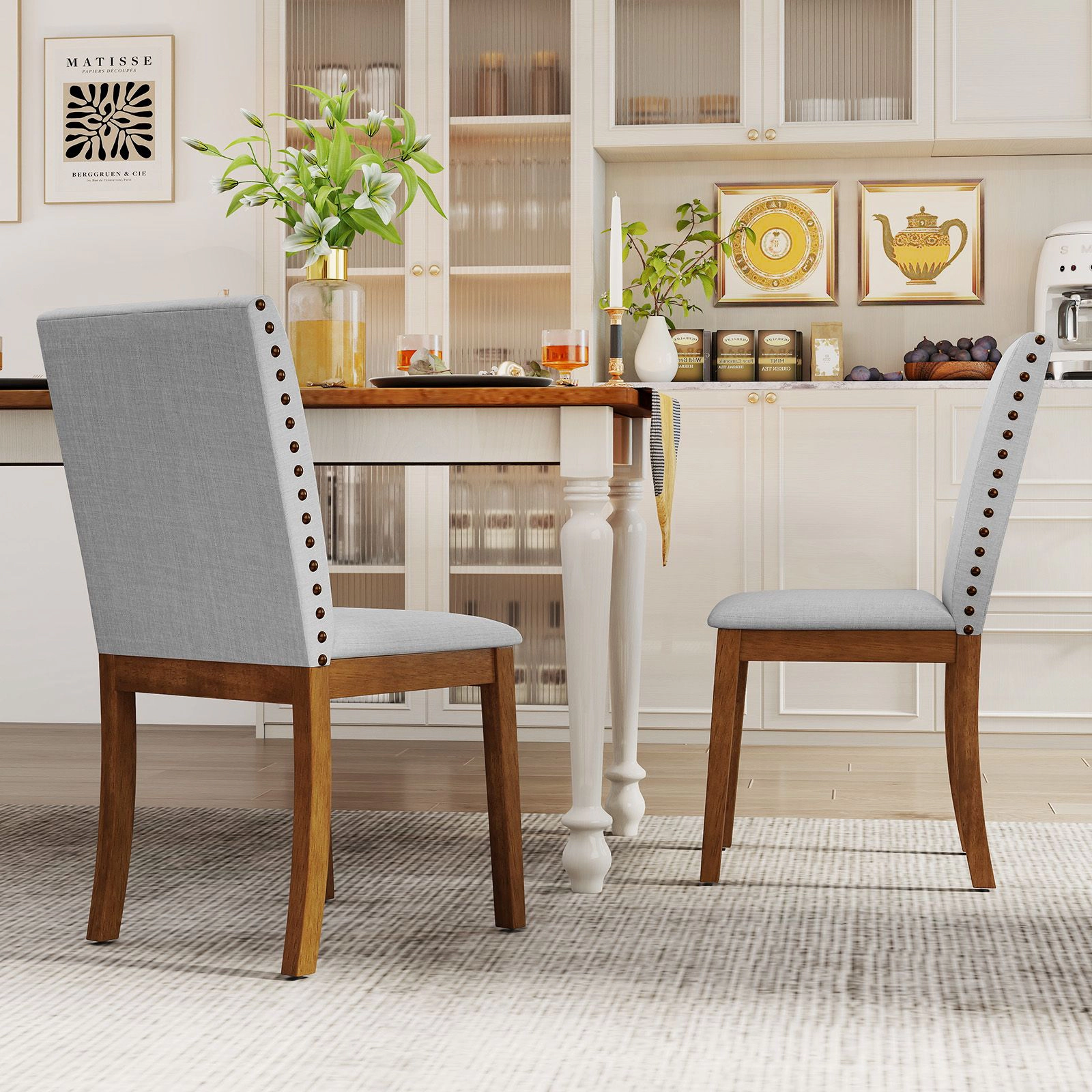 SlickBlue  Set of 2 Upholstered Dining Chairs, Walnut Frame, High Back