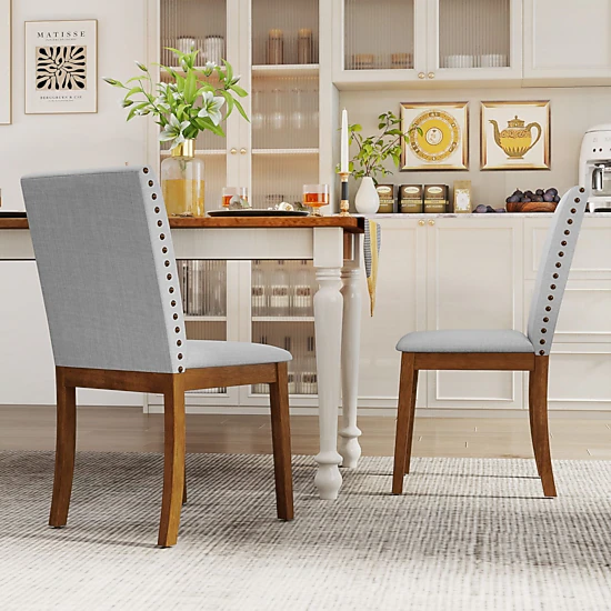 SlickBlue Set of 2 Upholstered Dining Chairs, Walnut Frame, High Back ...