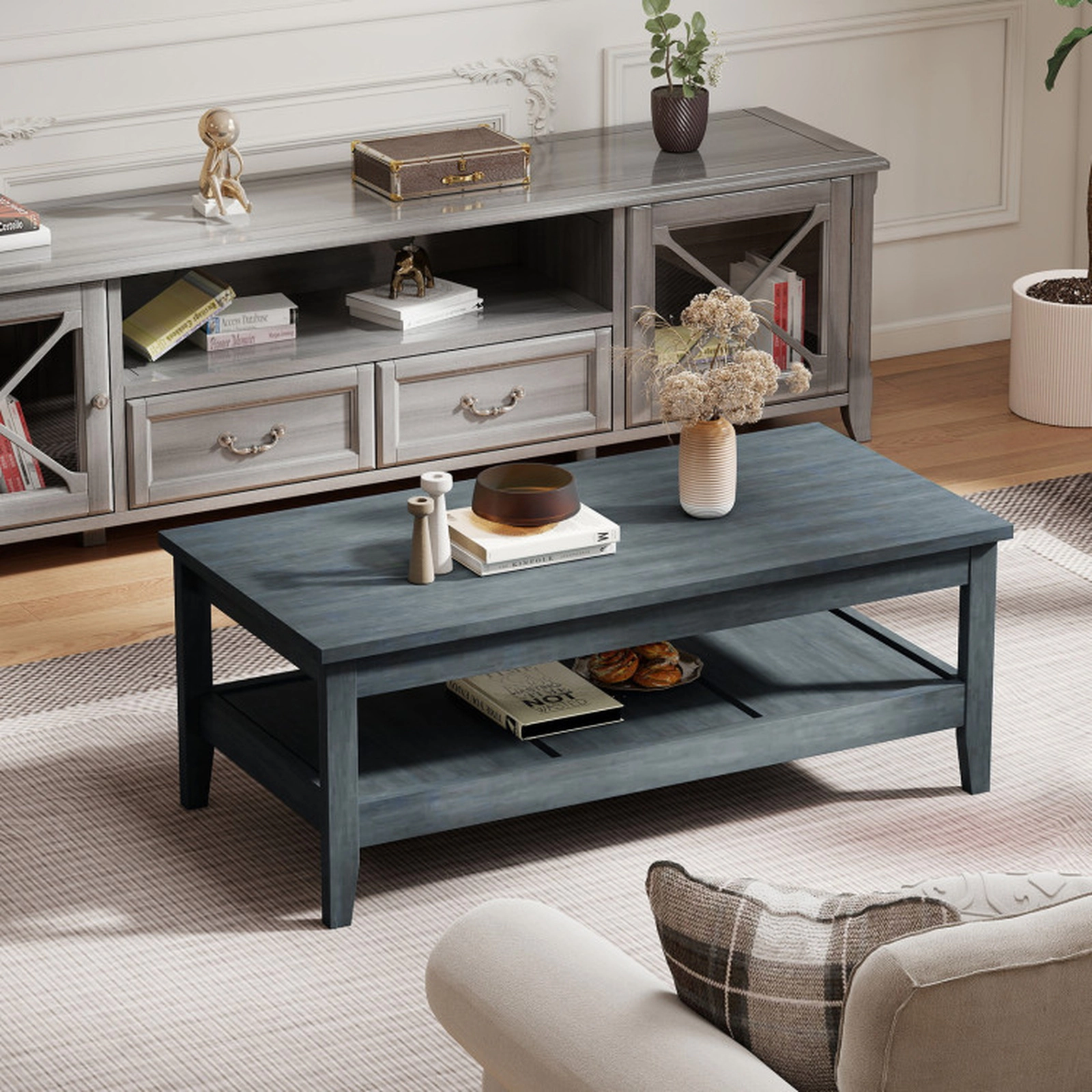 SUGIFT 47-in 110-lb Capacity Farmhouse Rustic Blue Coffee Table with Thickened Tabletop and Open Lower Shelf