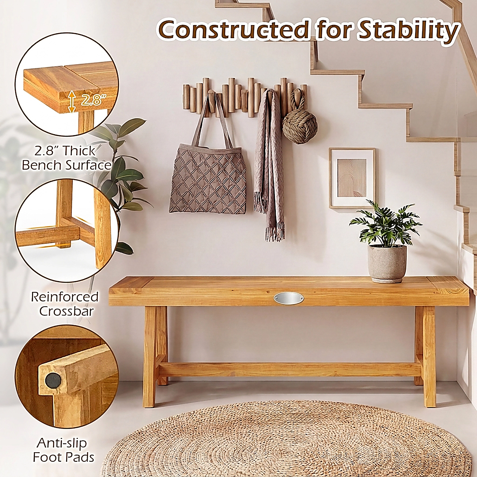 SUGIFT 63-in Solid Teak Wood Bench 330-lb Capacity Natural