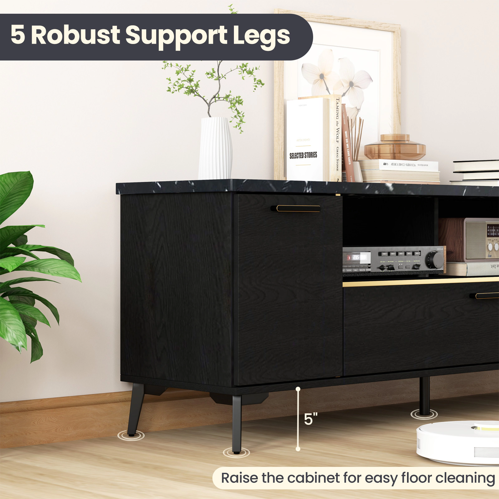 Glintex 63-Inch TV Stand with Flip-Down Door and Faux Marble Top, Black