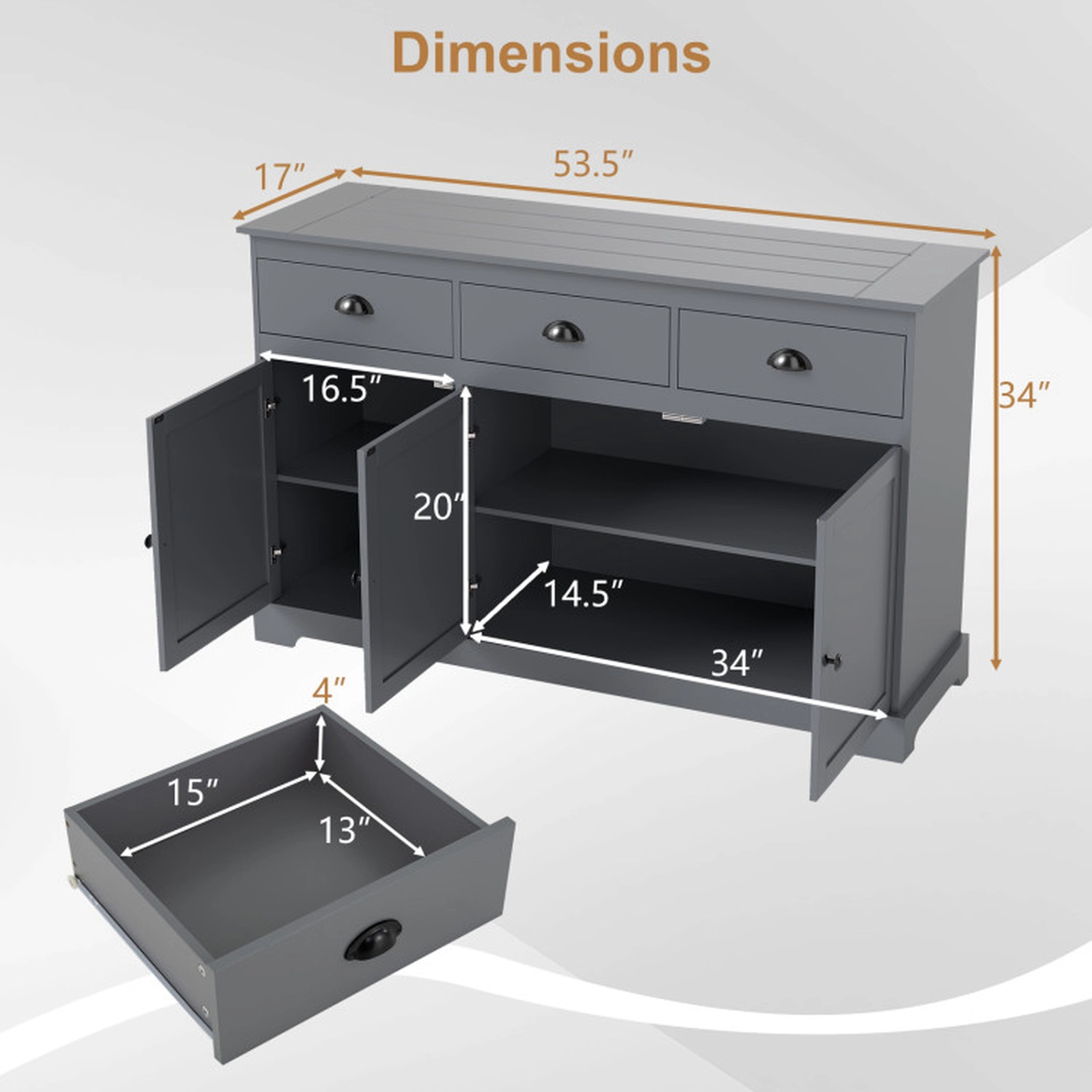 SUGIFT 3-Drawer Cup Handles Adjustable Shelves Sideboard Buffet Cabinet 53.5-in x 17-in x 34-in 22-lb per Shelf Gray