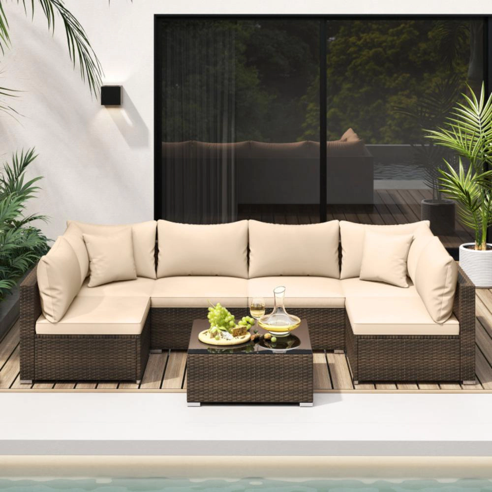 Hivvago 7 Pieces Patio Rattan Furniture Set With Sectional Sofa Cushions