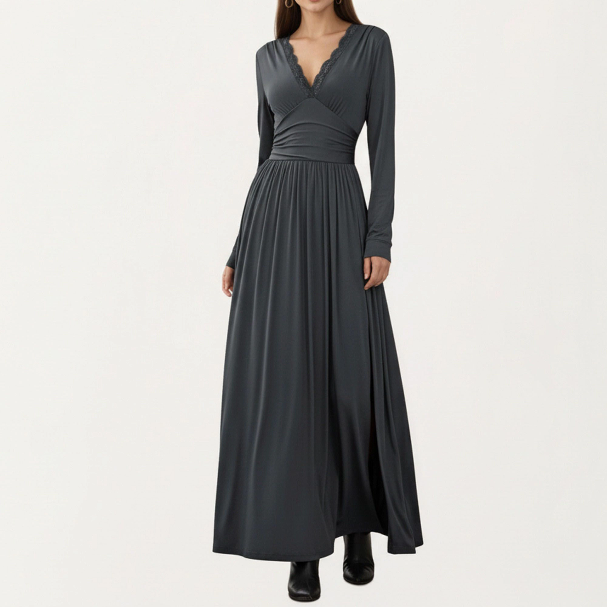 Anna-Kaci Women's V Neck Long Sleeve Lace Detail Side Slit Maxi Dress
