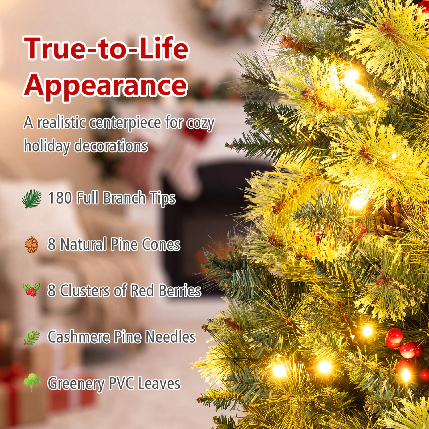 LJG LED Christmas Tree with Red Berries Pine Cones