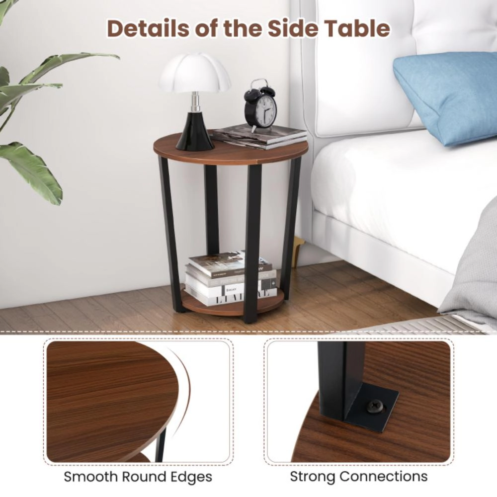 Hivvago Round End Table With Open Shelf And Metal Frame-Walnut