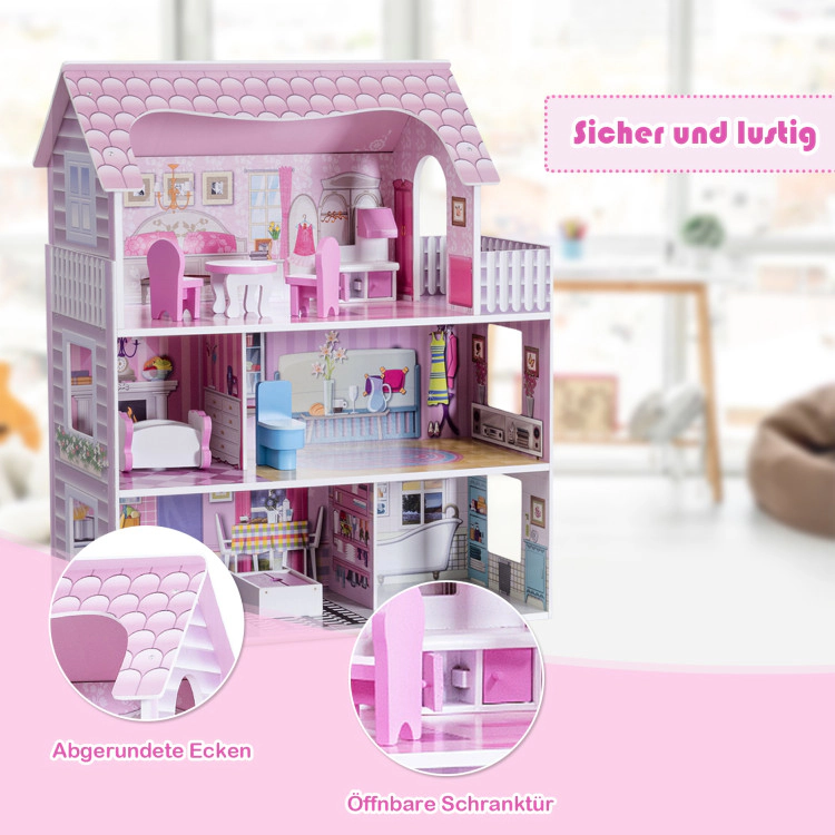 Hivvago 28 Inch Pink Dollhouse with Furniture