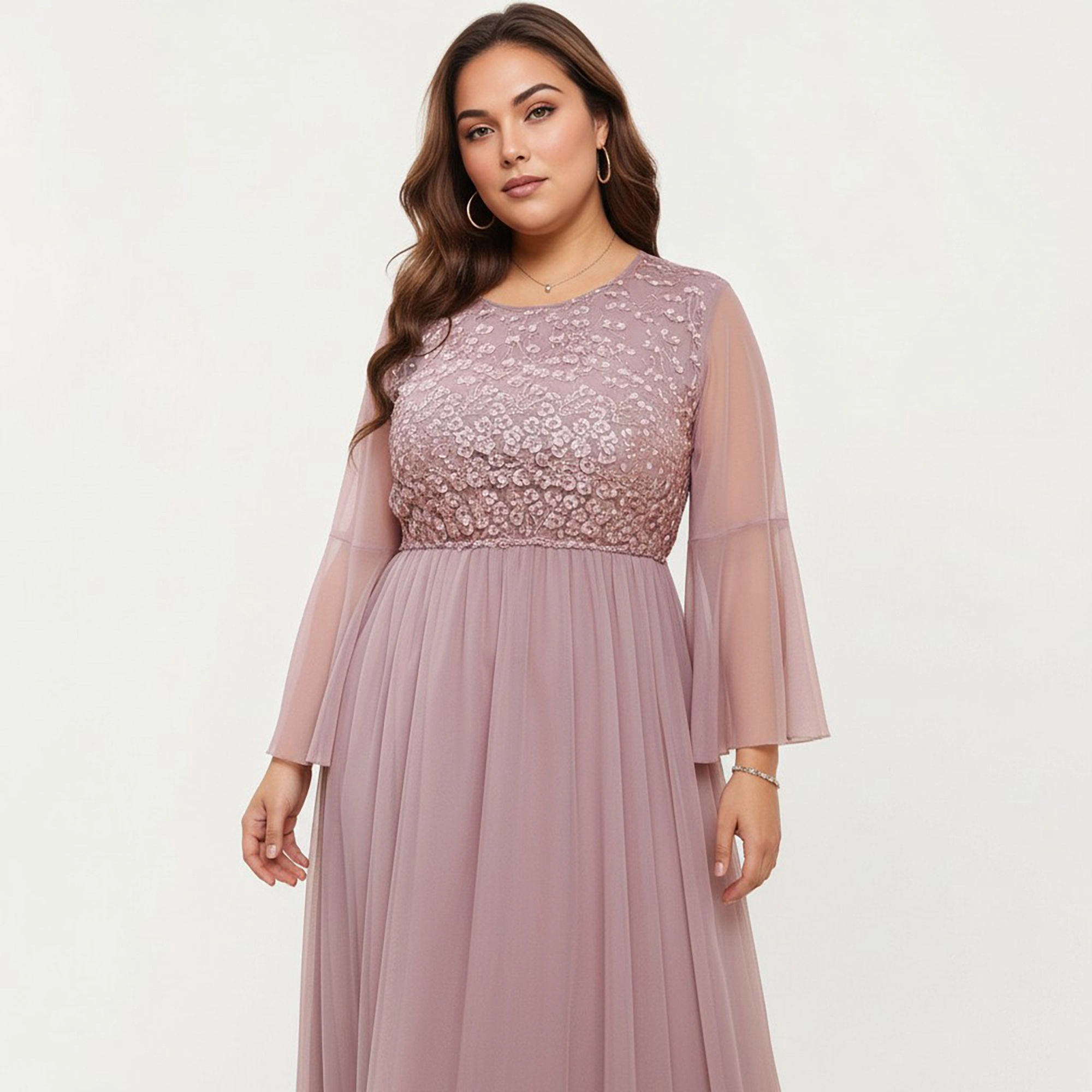Anna-Kaci Women's Plus Long Sleeve Embroidered Mesh Flowy Skirt Defined Waist Midi Dress